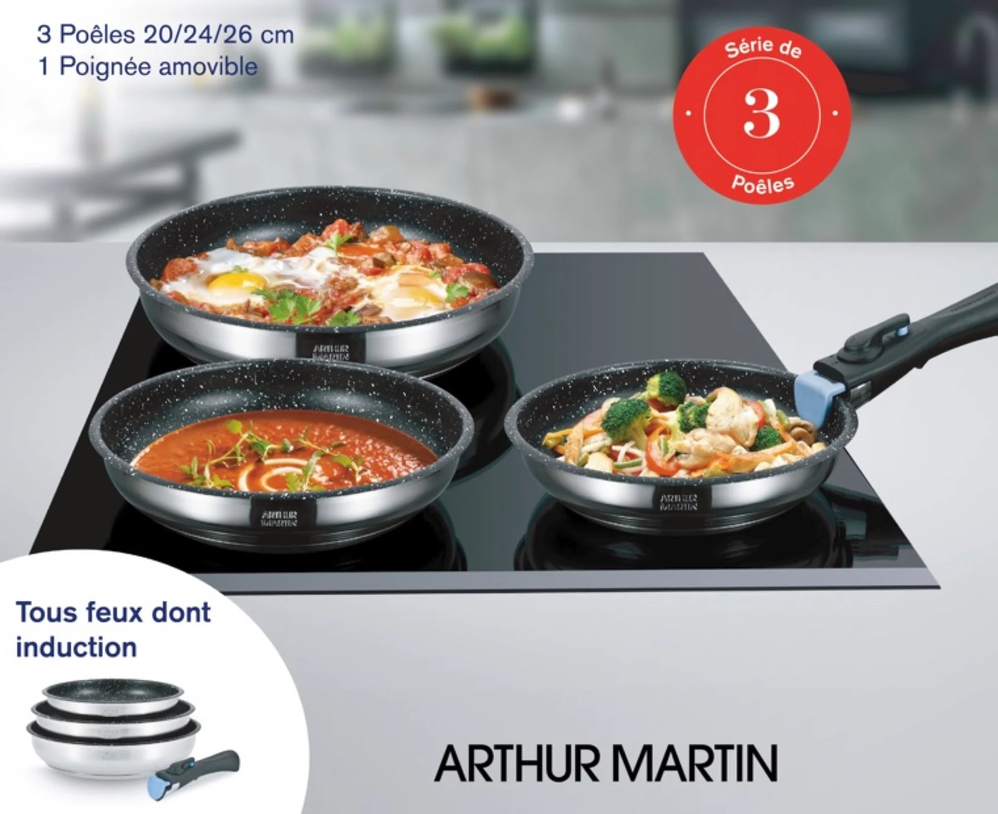 Set 3 Poêles 20/24/26cm - Intérieur Anti-Adhésif - Acier Inoxydable - Inox - Image 3