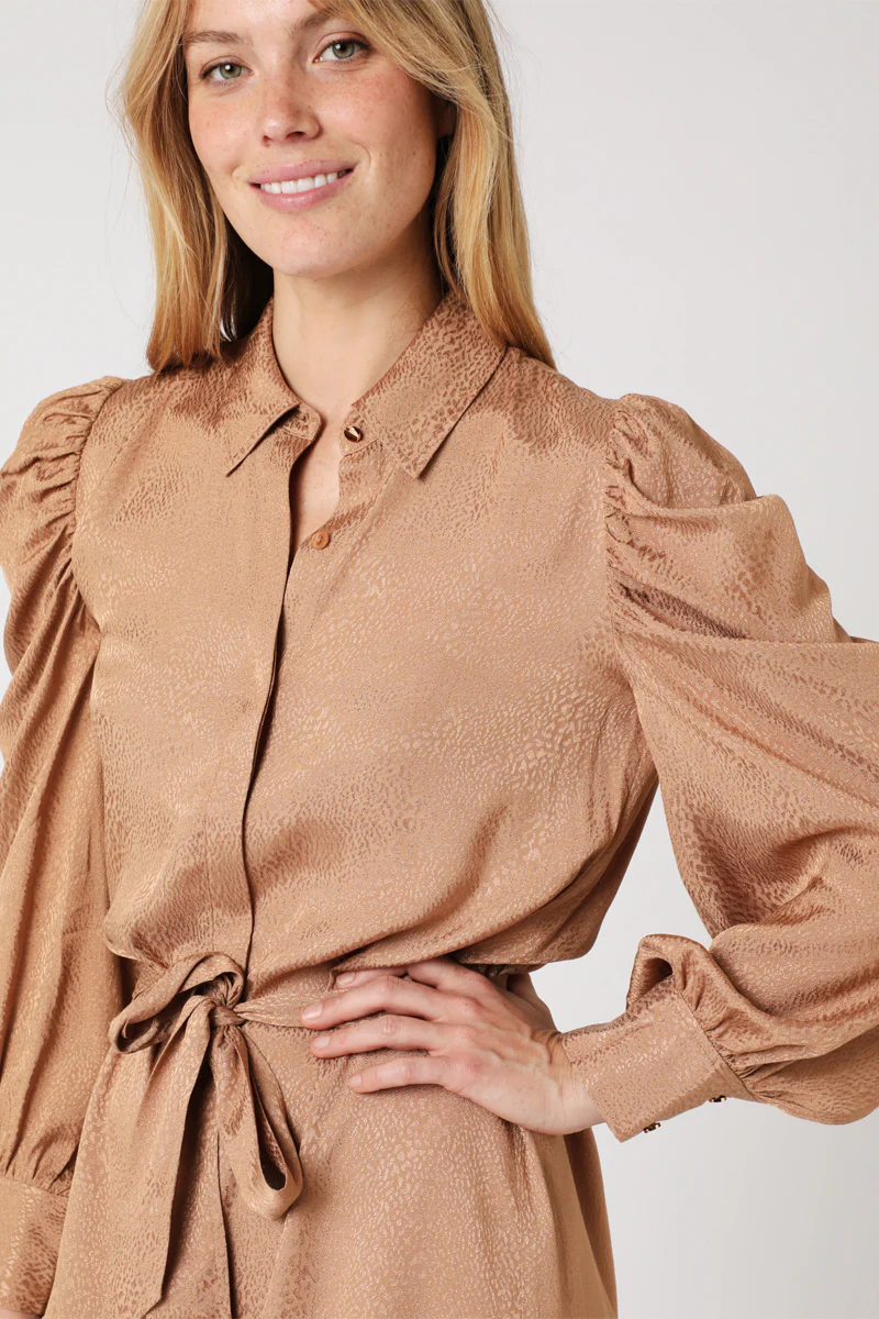 Robe Courte Chemise Ml Froncee - Camel - Image 3