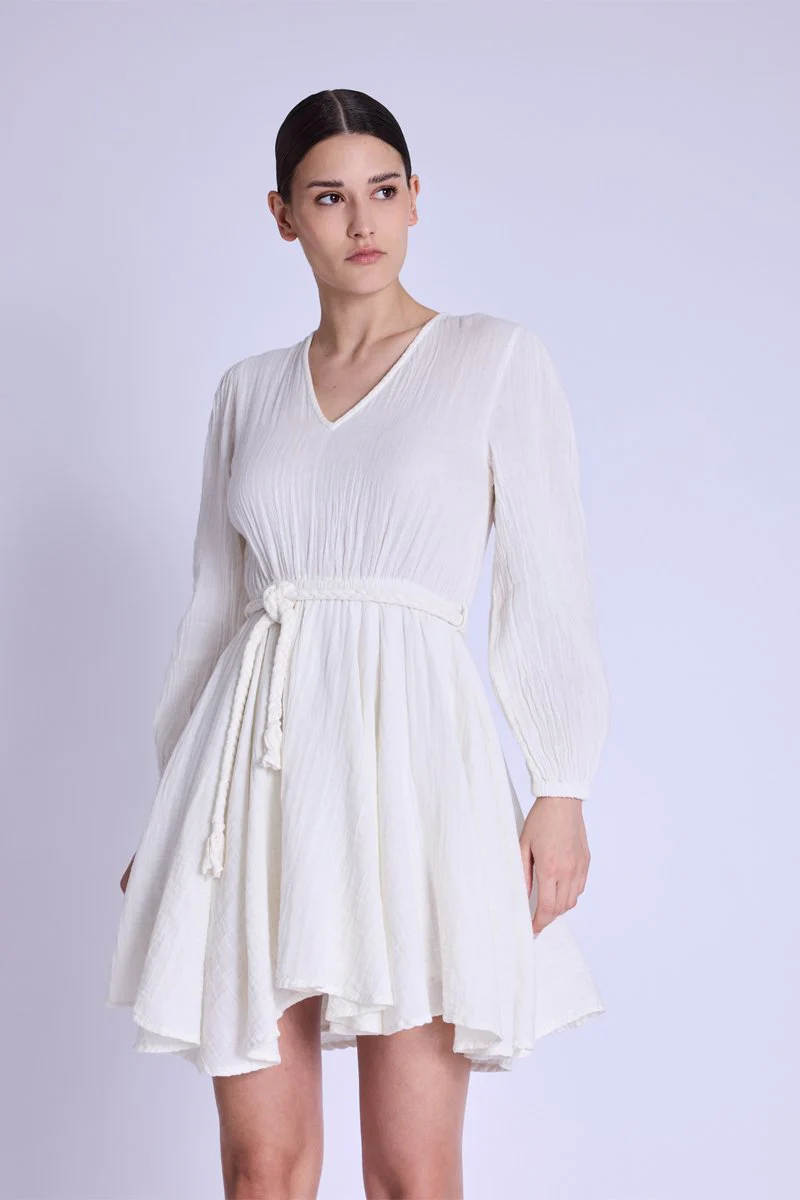 Robe Courte Col En V - Offwhite - Image 3
