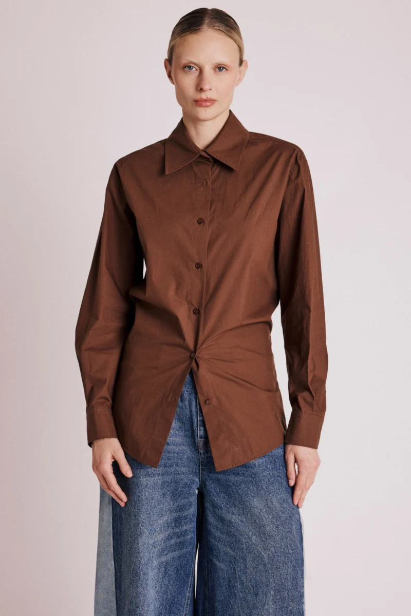 Chemise Ceintree Unie - Brown - Image 4