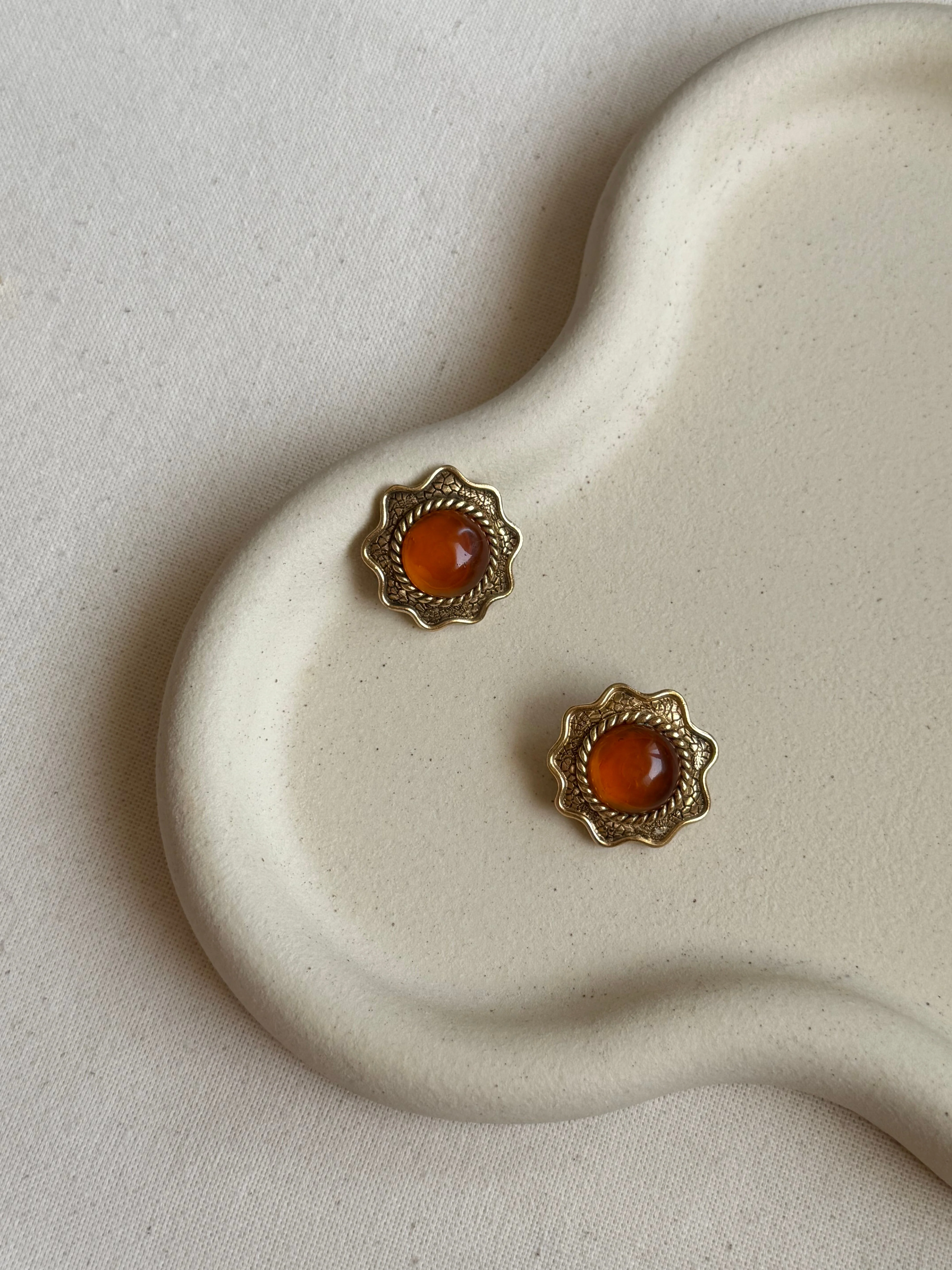Rochas - Boucles D’Oreilles Vintage - Soleils Dorés Et Ambrés - Image 2