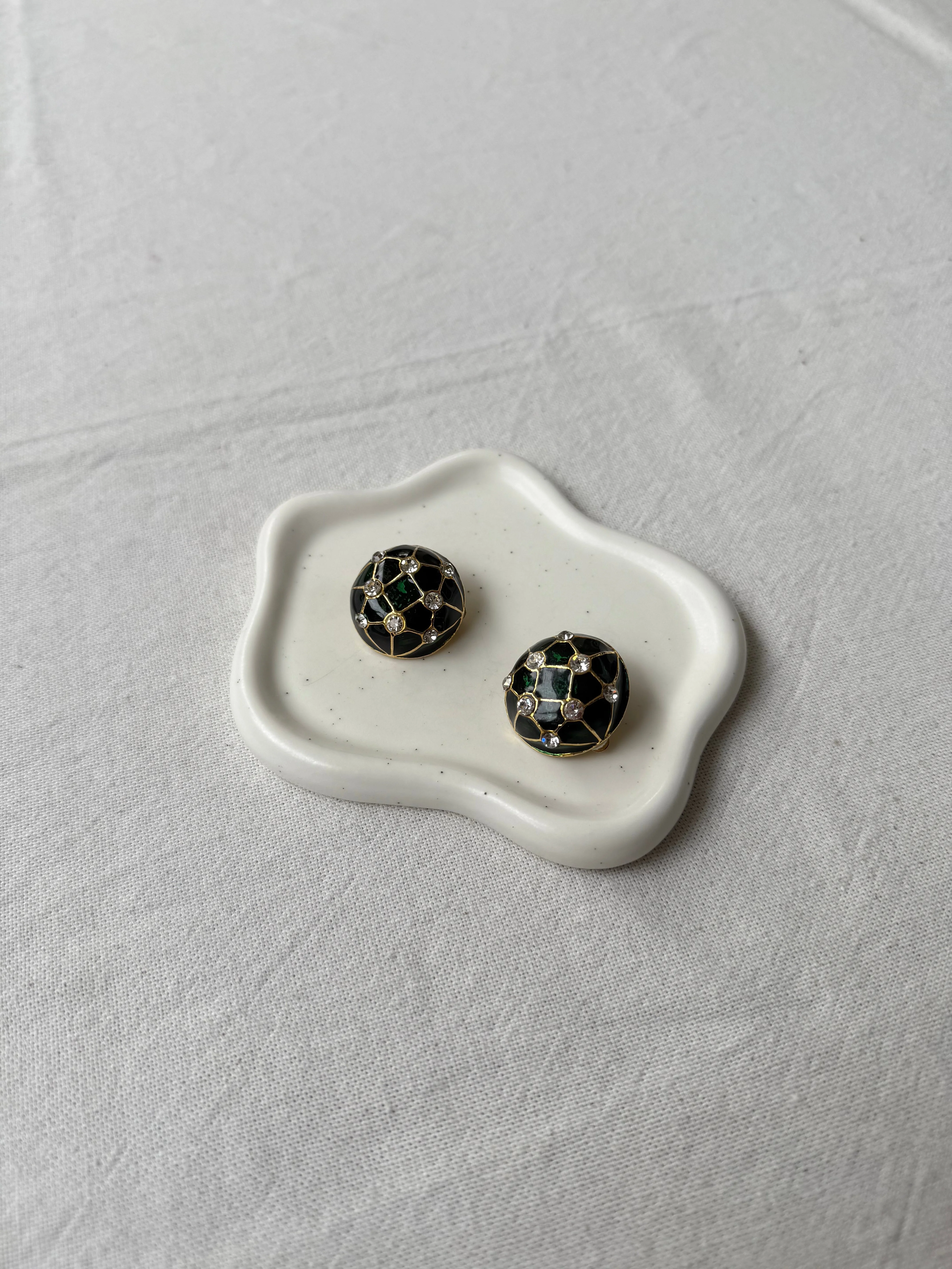 Boucles D’Oreilles Vintage - Émail Vert Et Strass - Image 2