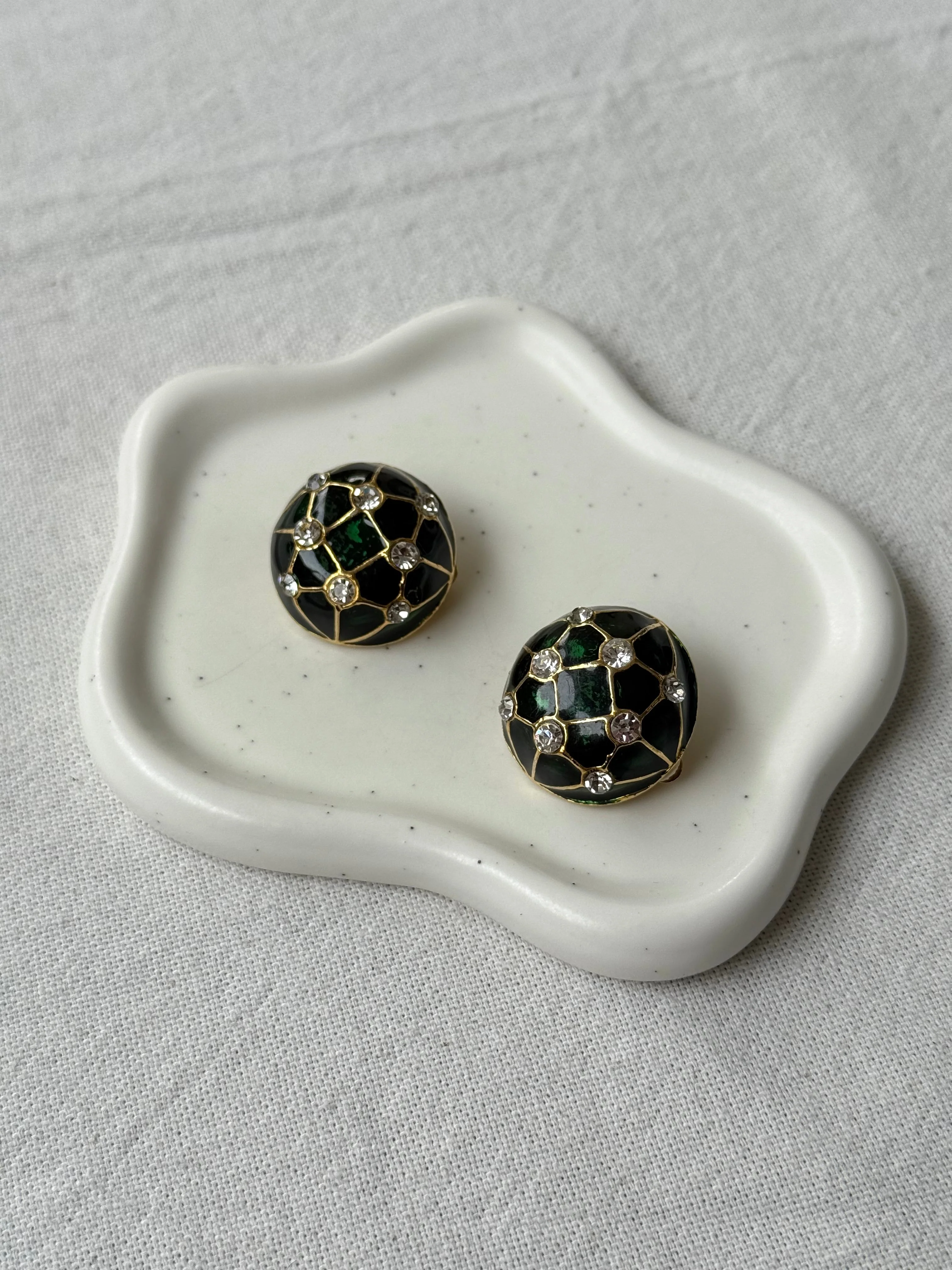 Boucles D’Oreilles Vintage - Émail Vert Et Strass - Image 3