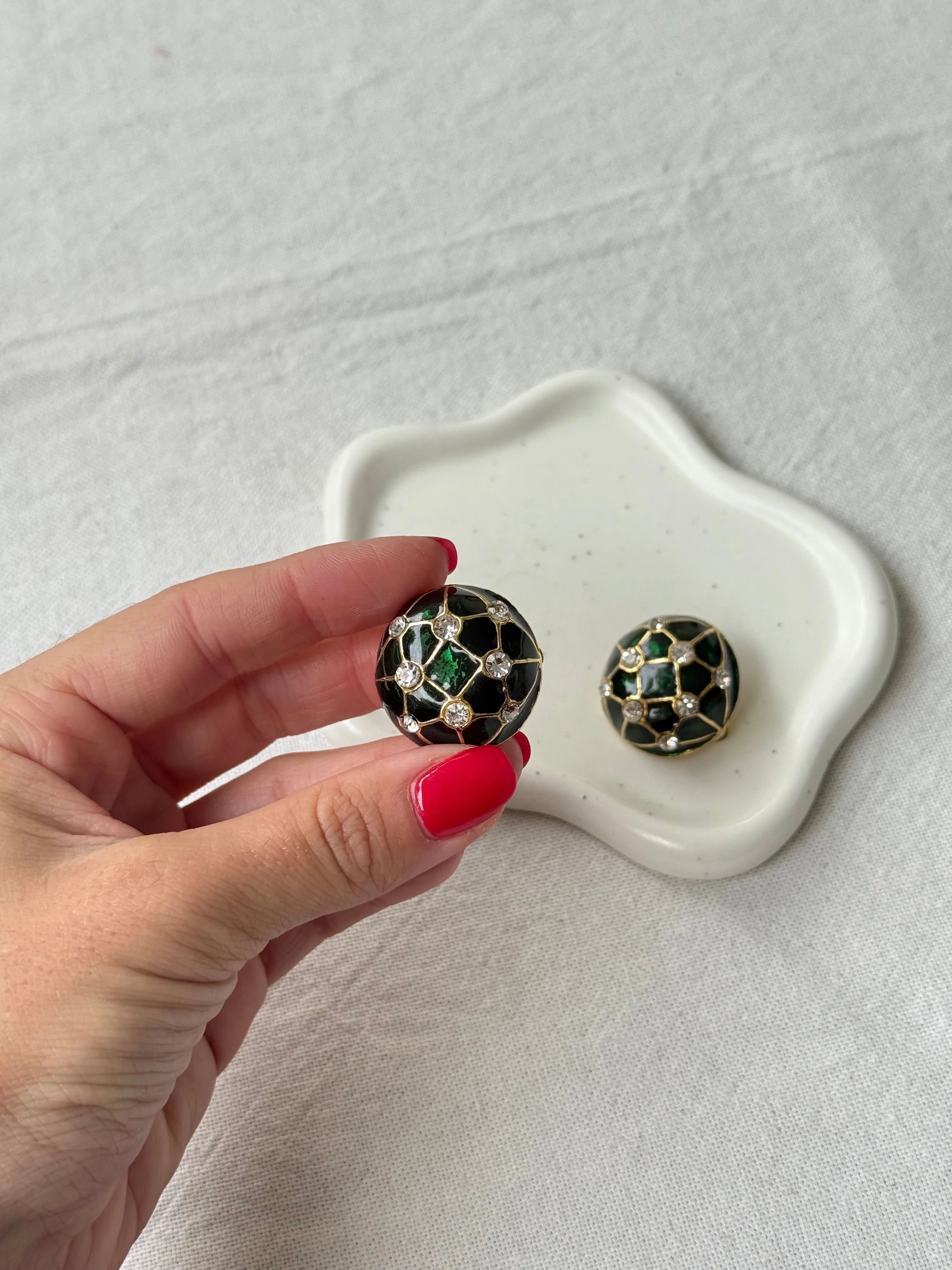 Boucles D’Oreilles Vintage - Émail Vert Et Strass - Image 4