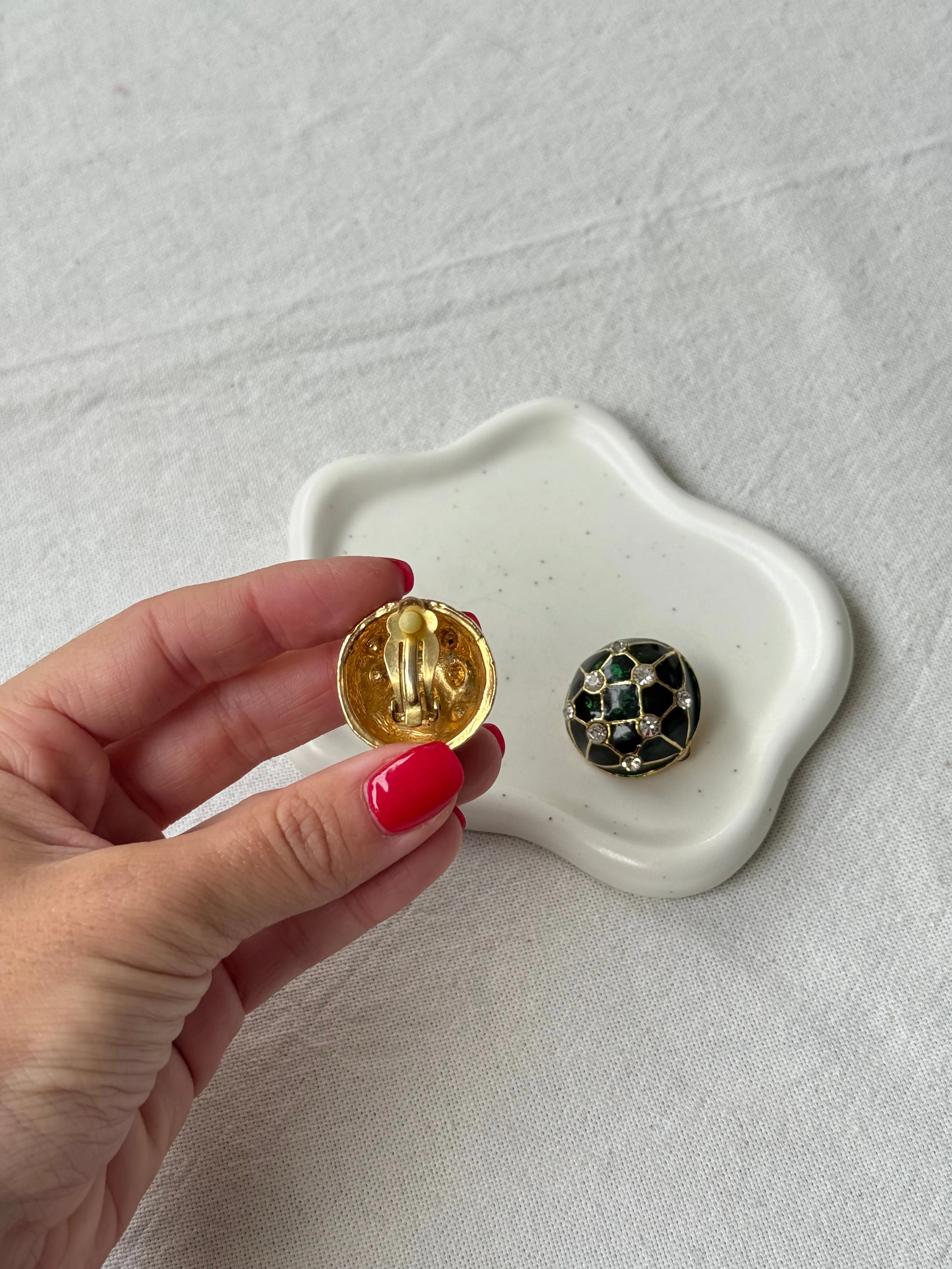 Boucles D’Oreilles Vintage - Émail Vert Et Strass - Image 5