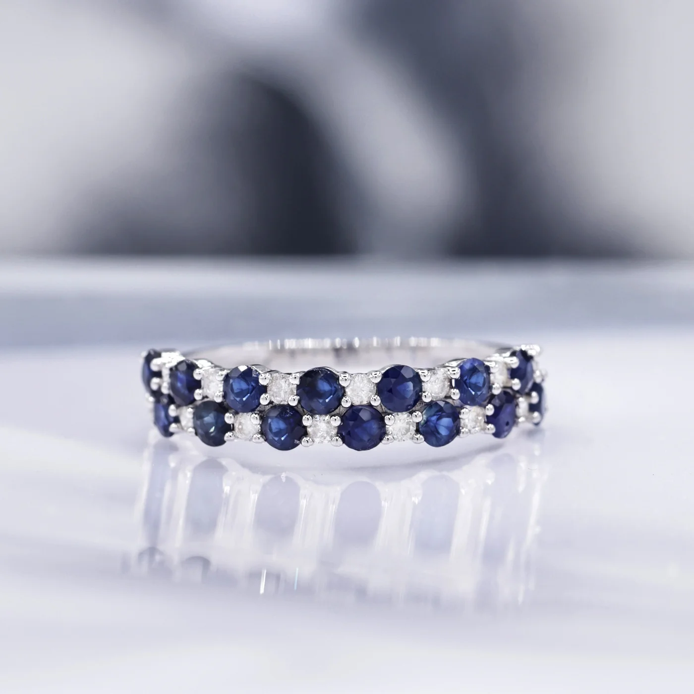 Bague "Princesse Grace" Diamants 0,21/14 + Saphirs 1,4/14 - Or Blanc 375/1000 - Image 2