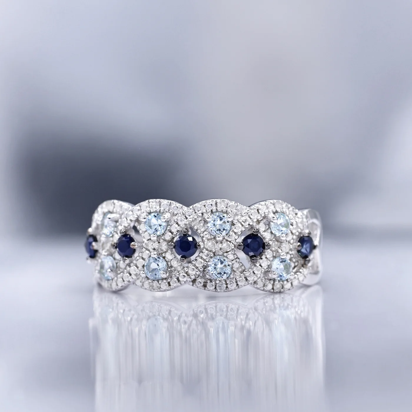 Bague "Astéria" D0,05/16, Saphir 0,37/5 & Topaze Bleue 0,49/8 - Or Blanc 375/1000 - Image 2