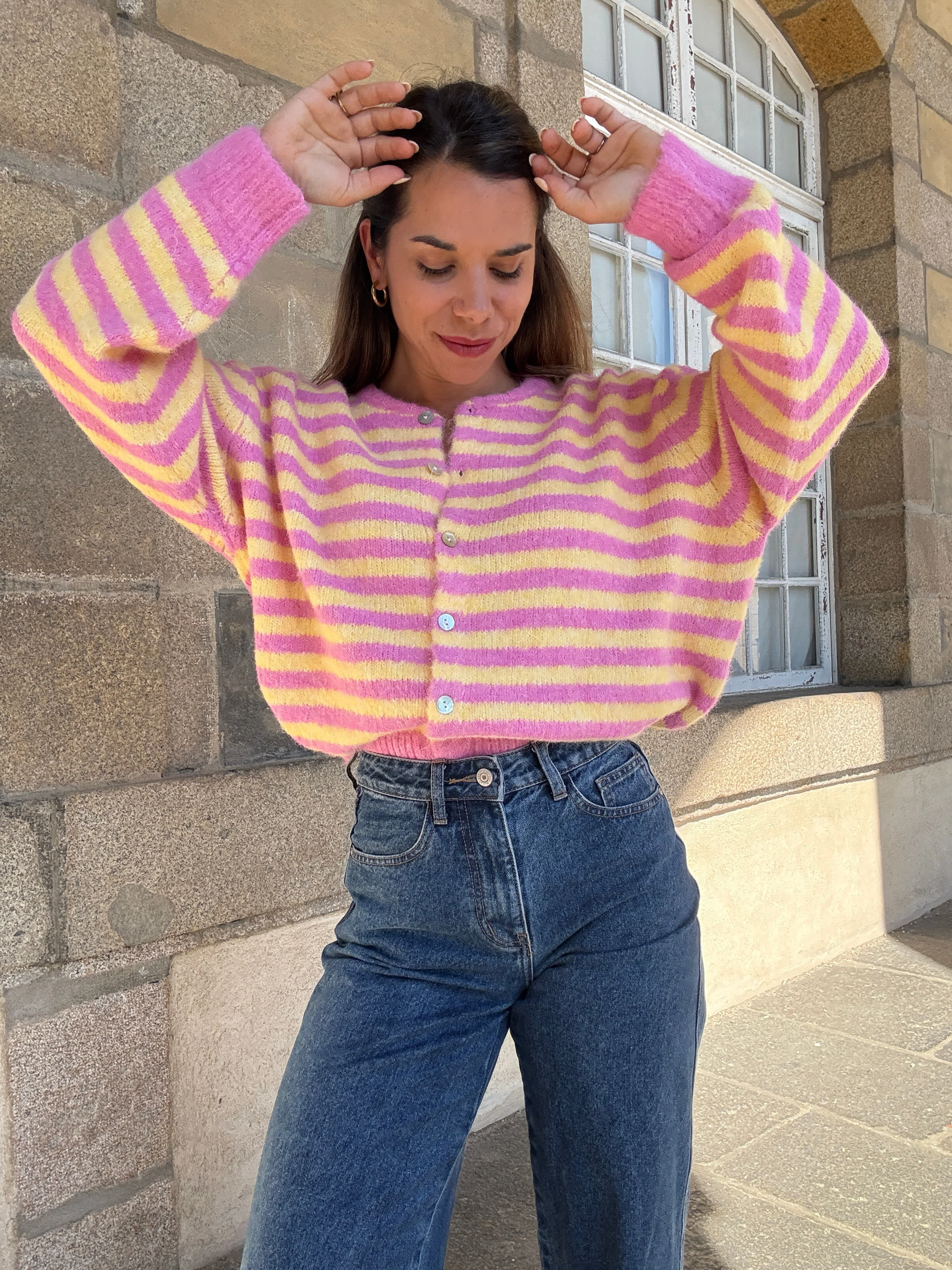 Cardigan Solela Rose Et Jaune - Image 10