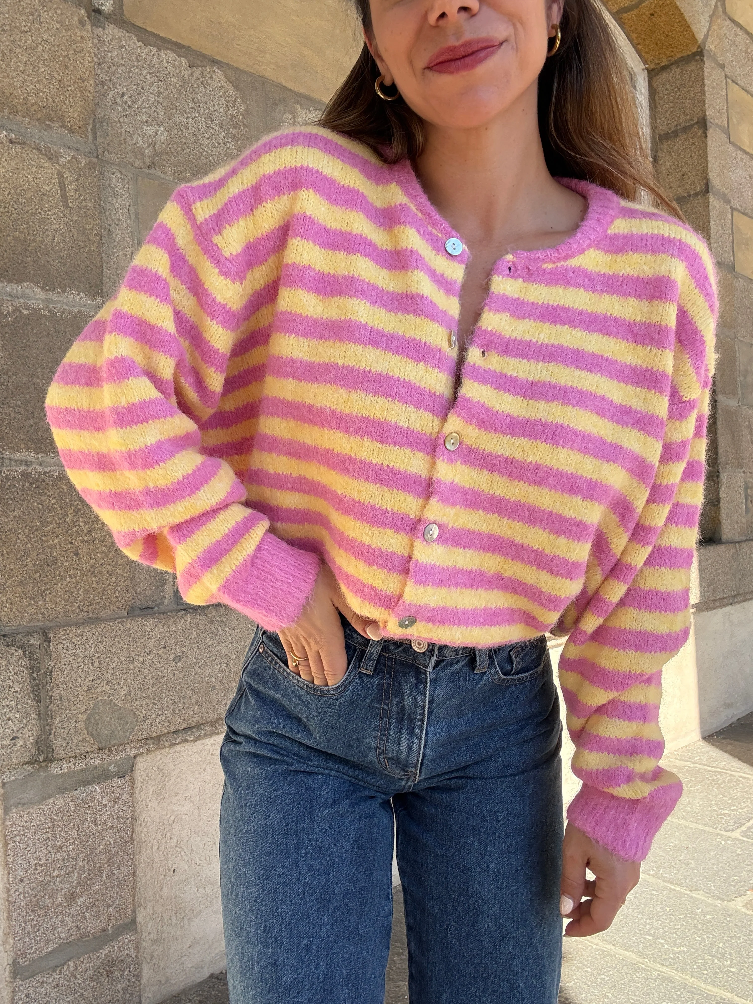 Cardigan Solela Rose Et Jaune - Image 4