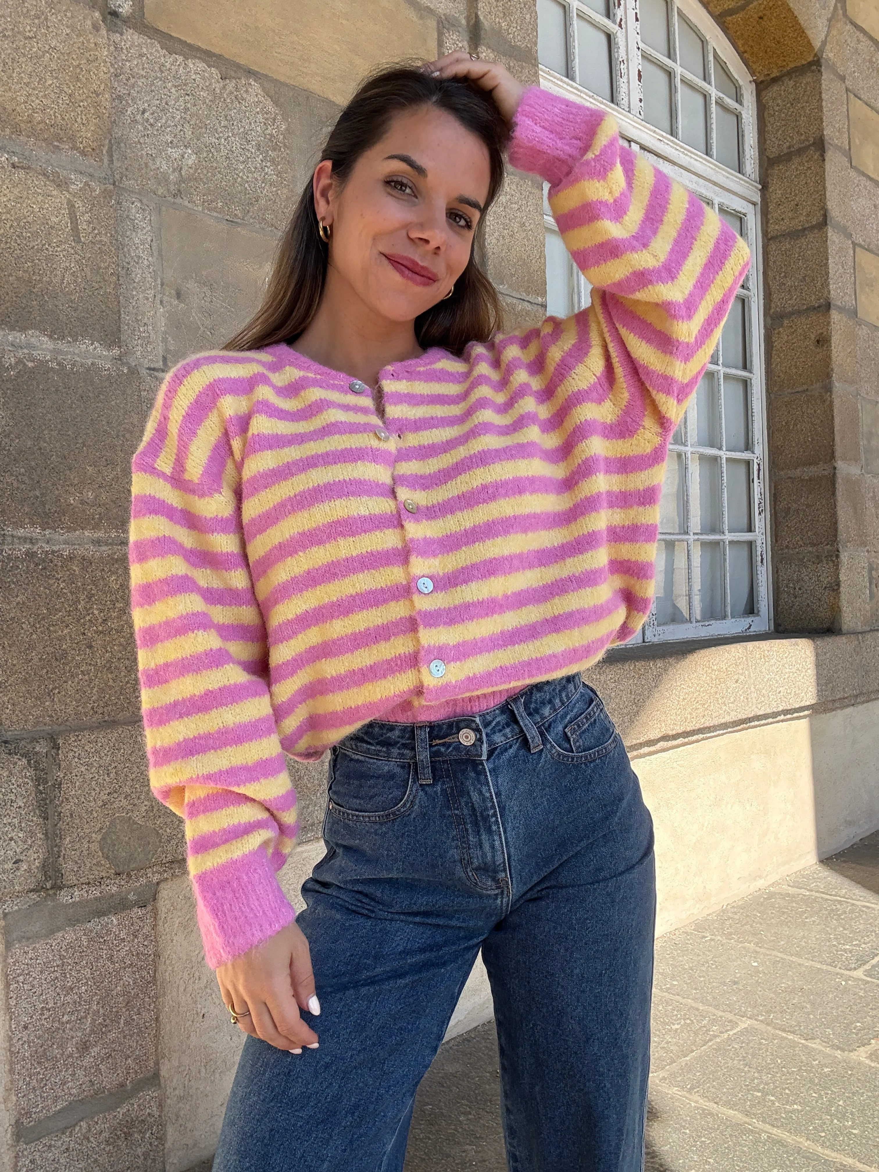 Cardigan Solela Rose Et Jaune - Image 6