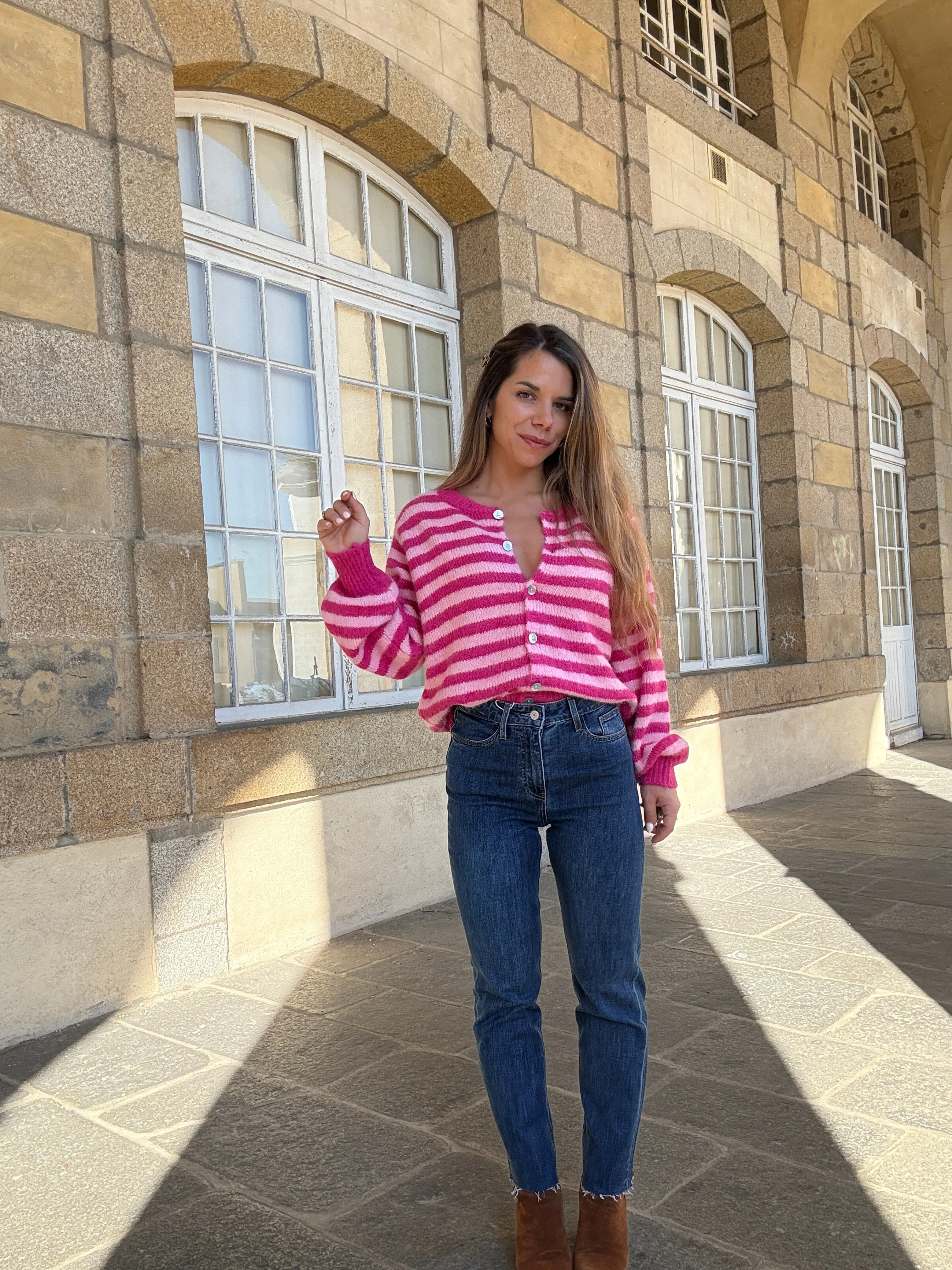 Cardigan Solela Rayé Rose Et Rouge - Image 10