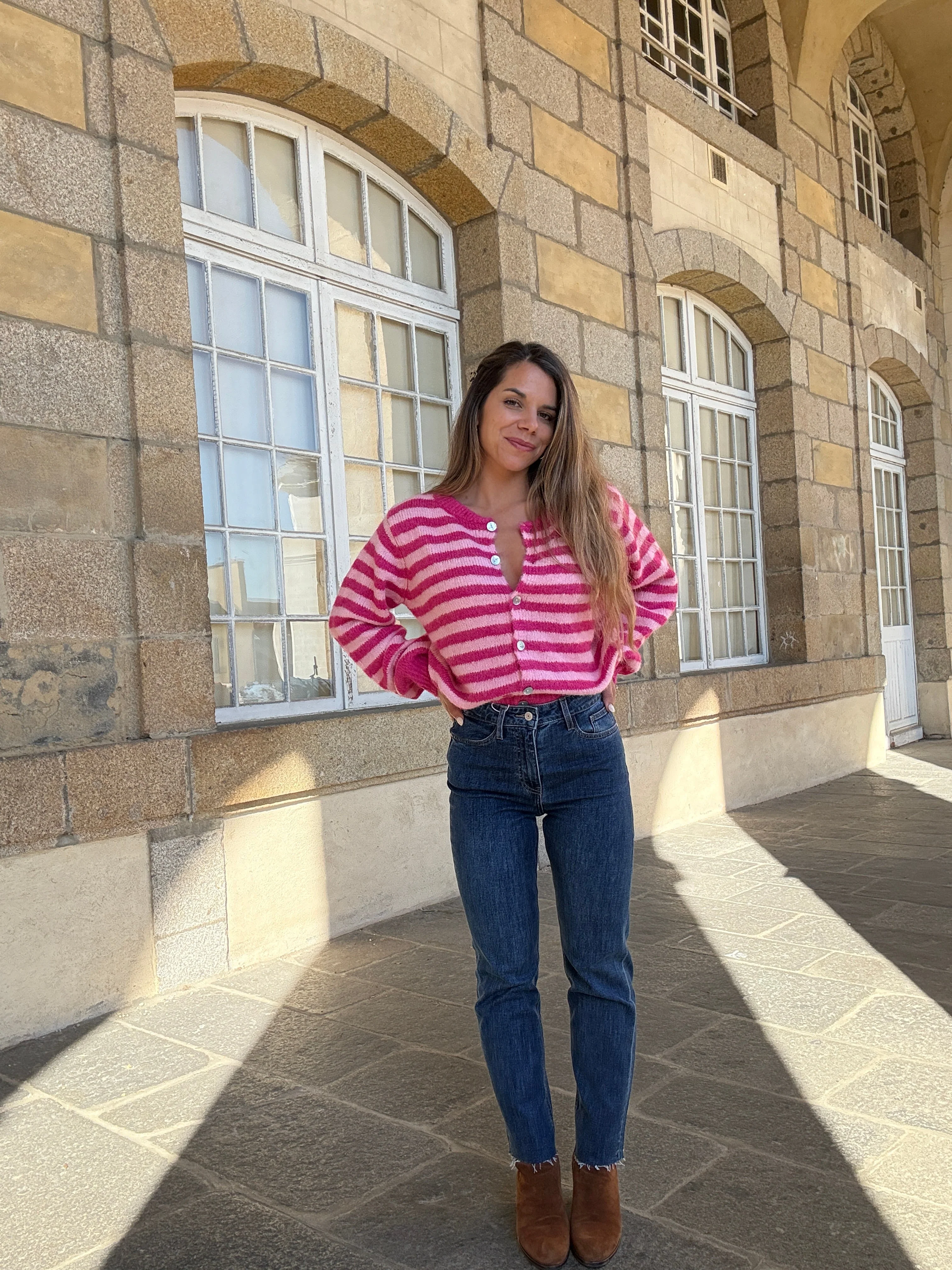 Cardigan Solela Rayé Rose Et Rouge - Image 11
