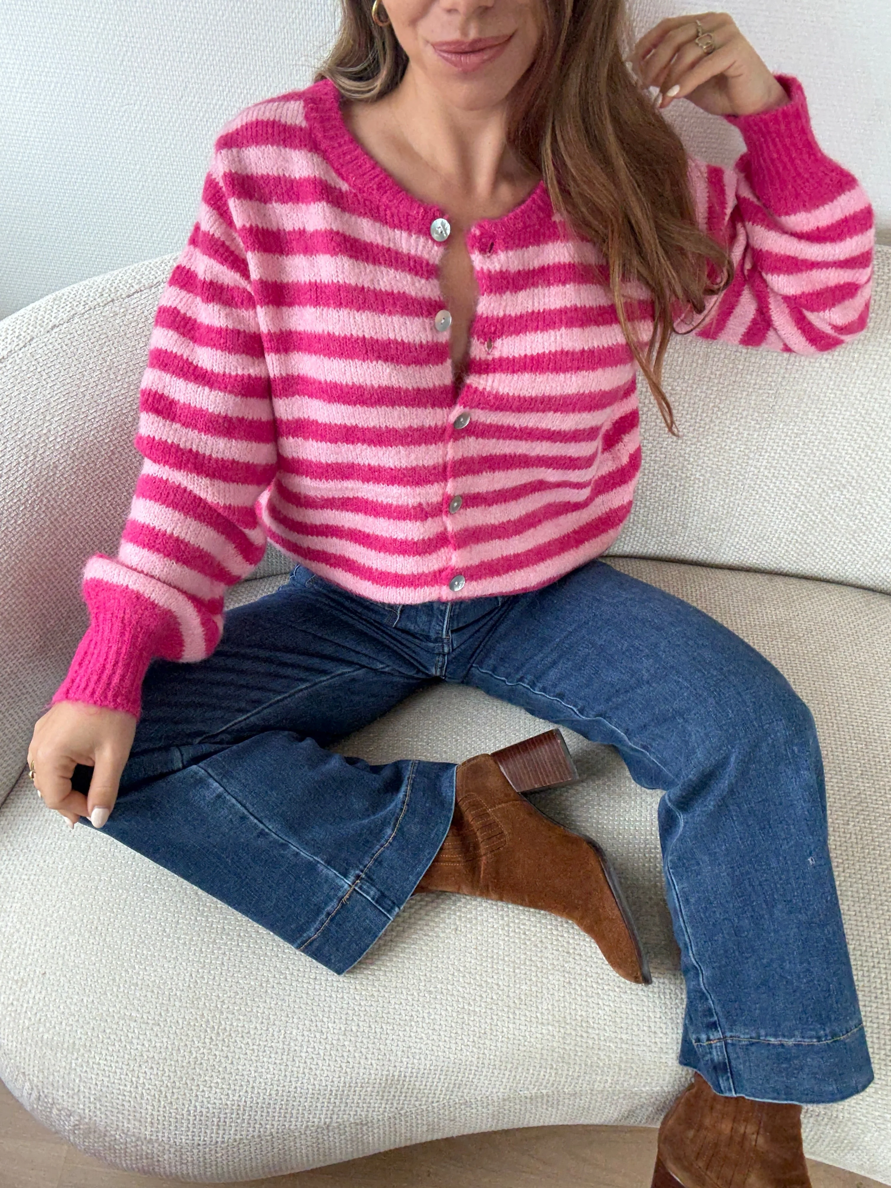 Cardigan Solela Rayé Rose Et Rouge - Image 13