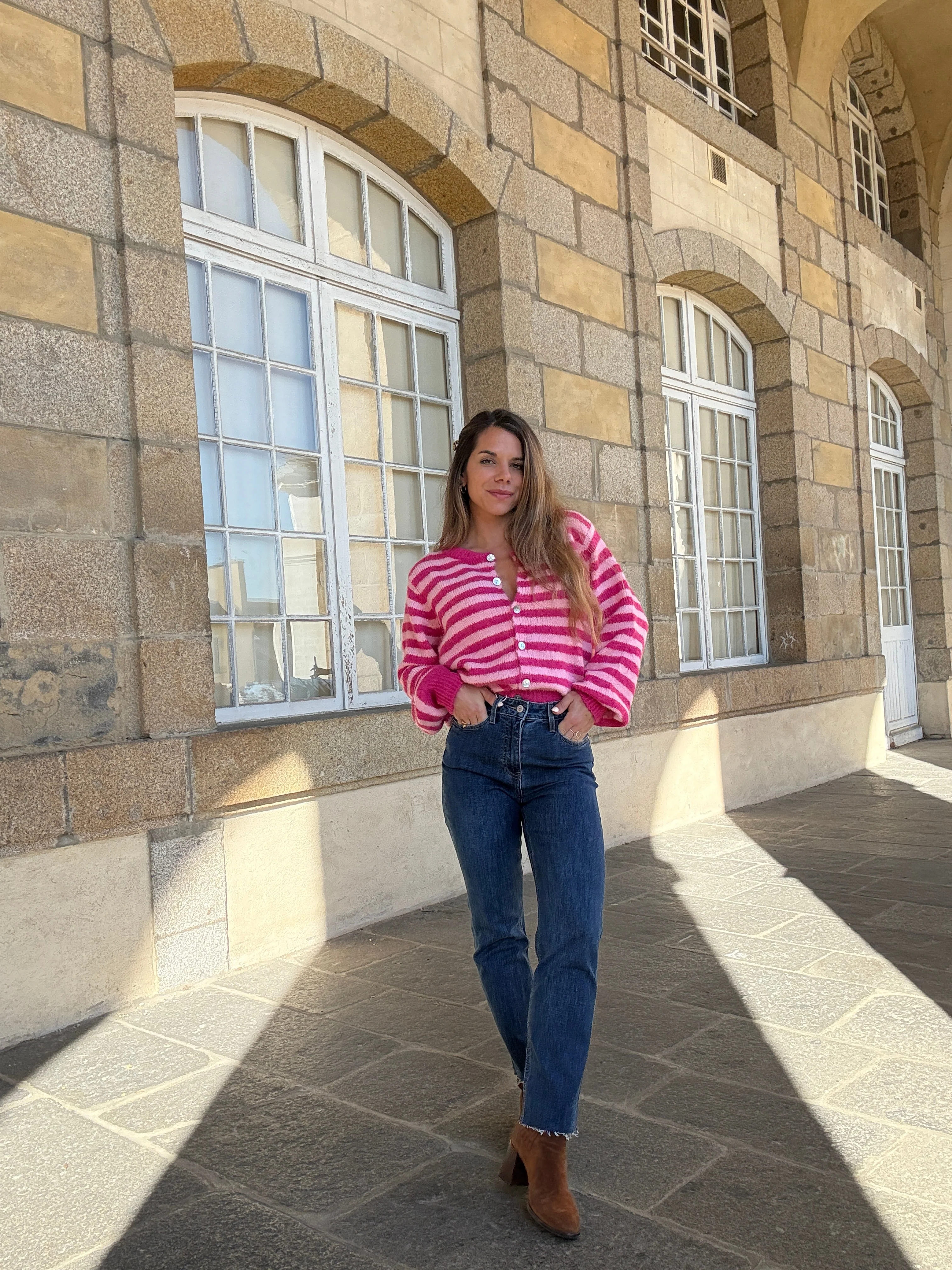 Cardigan Solela Rayé Rose Et Rouge - Image 14