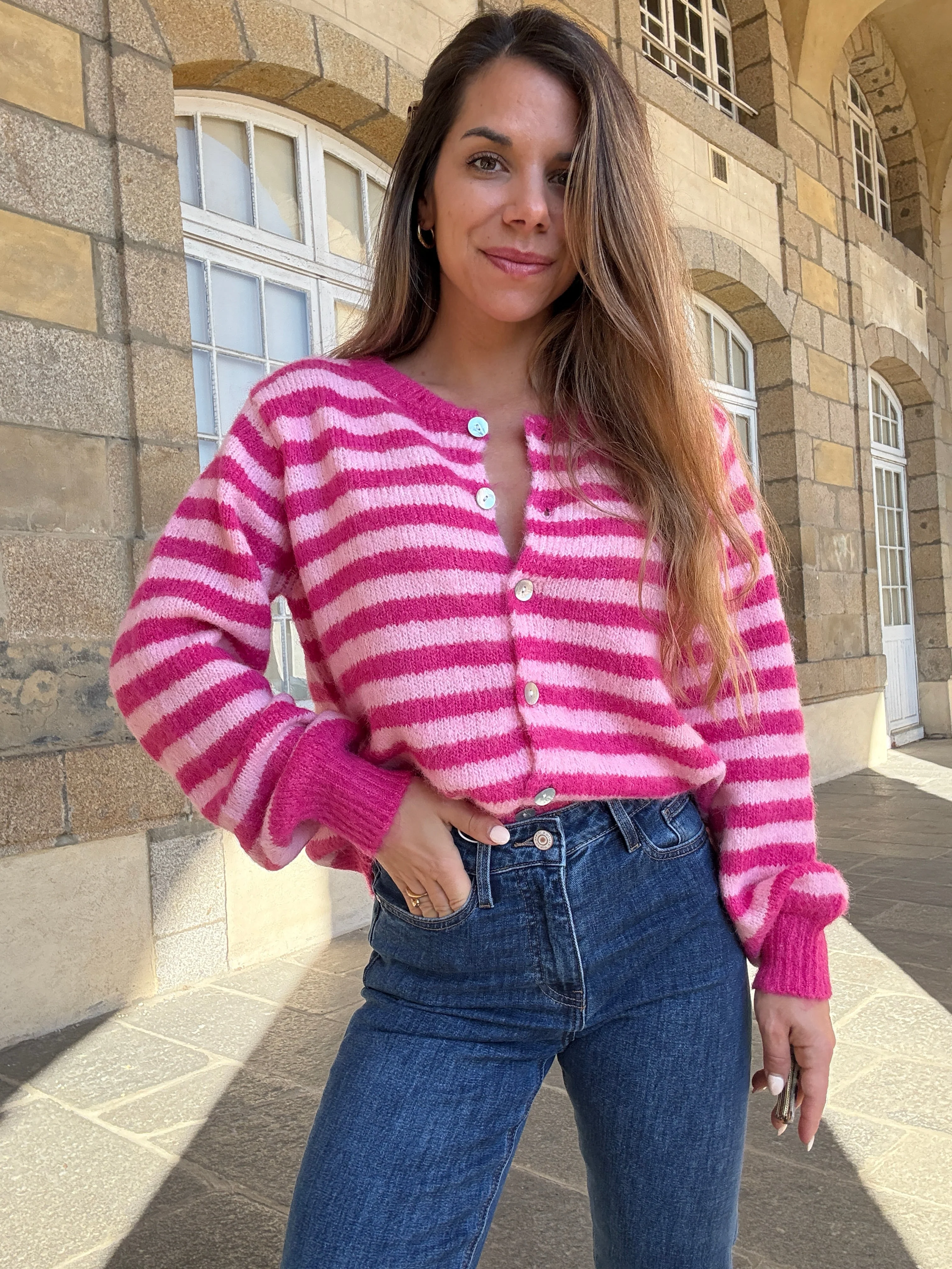 Cardigan Solela Rayé Rose Et Rouge - Image 15