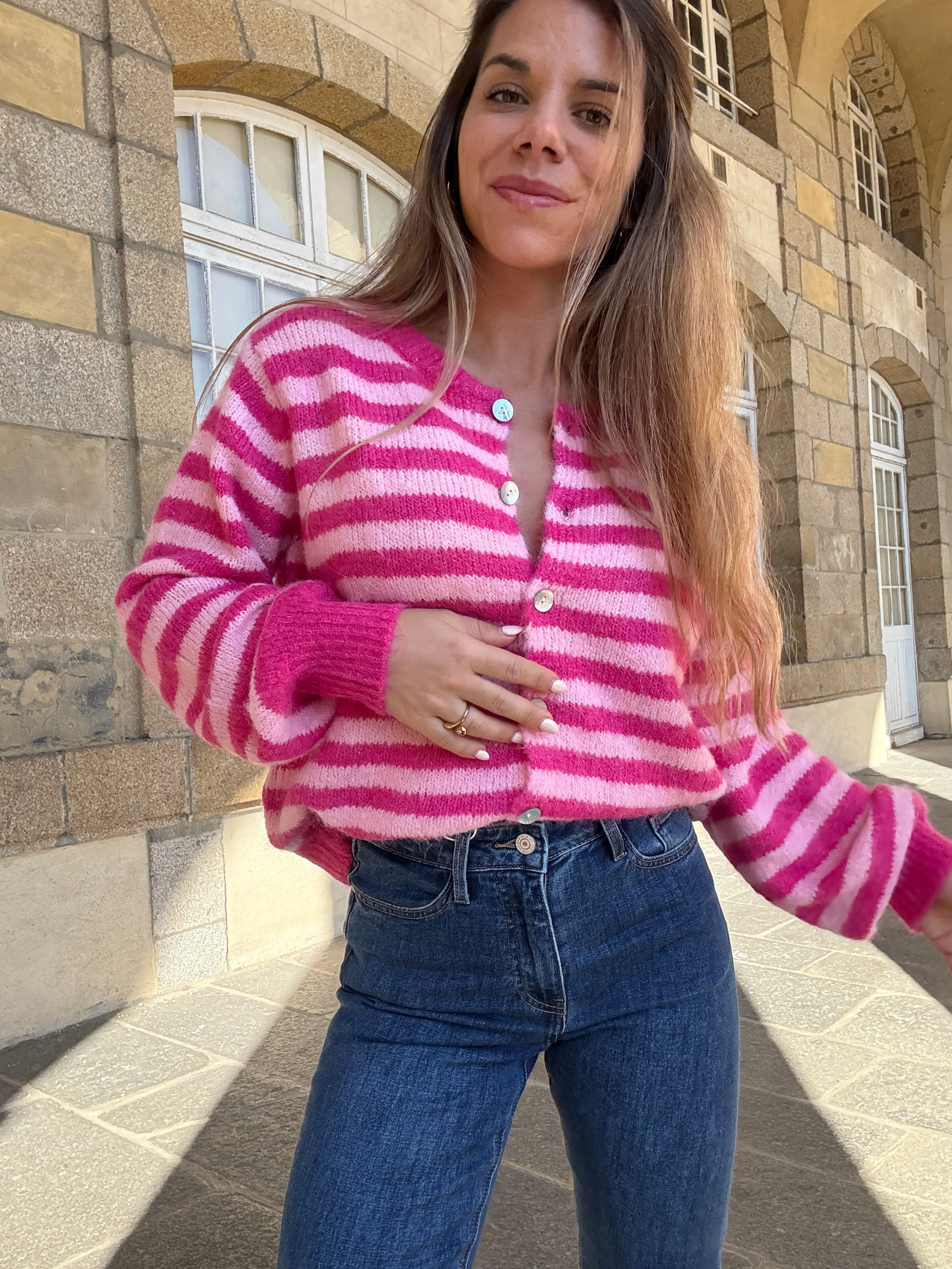 Cardigan Solela Rayé Rose Et Rouge - Image 16
