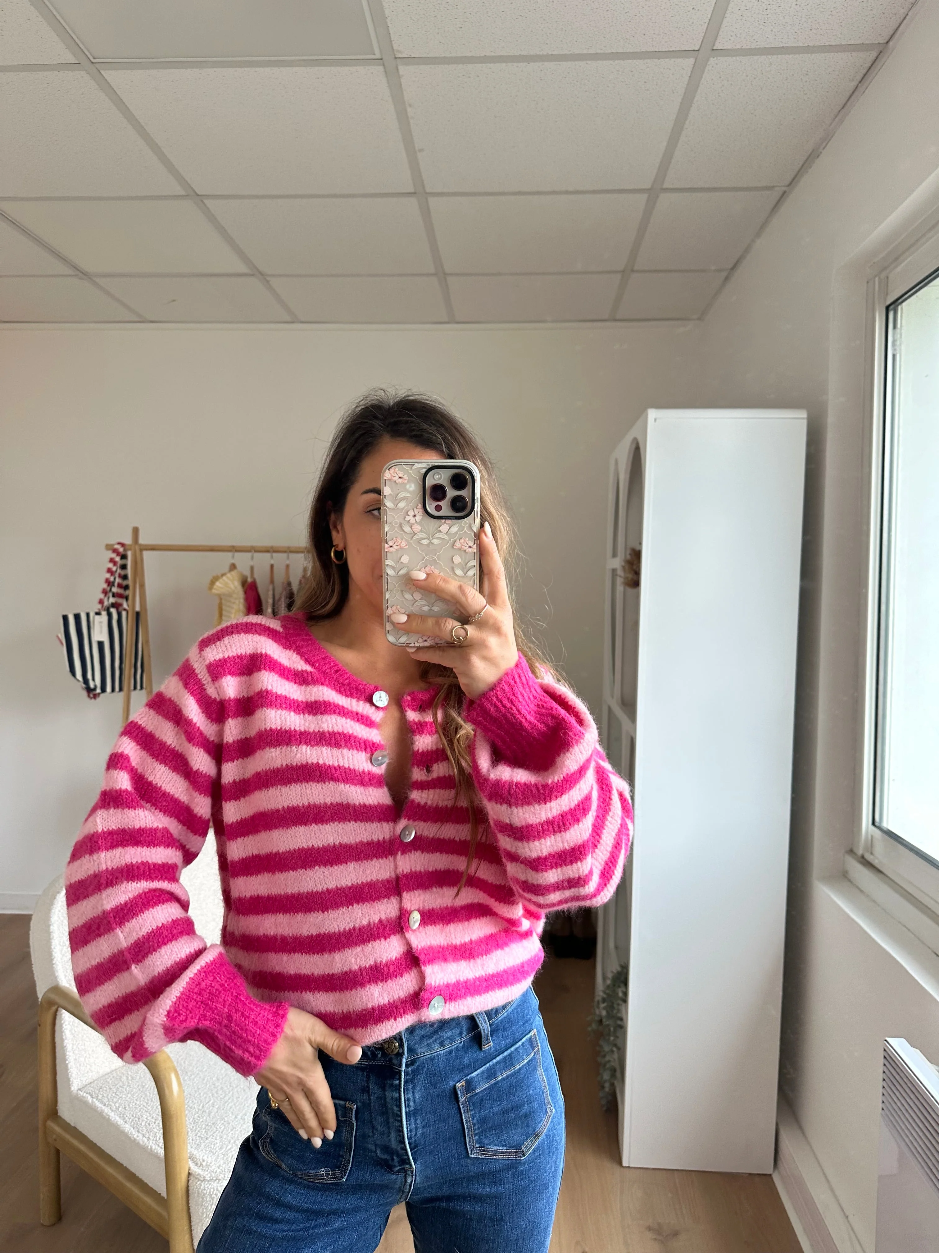 Cardigan Solela Rayé Rose Et Rouge - Image 18
