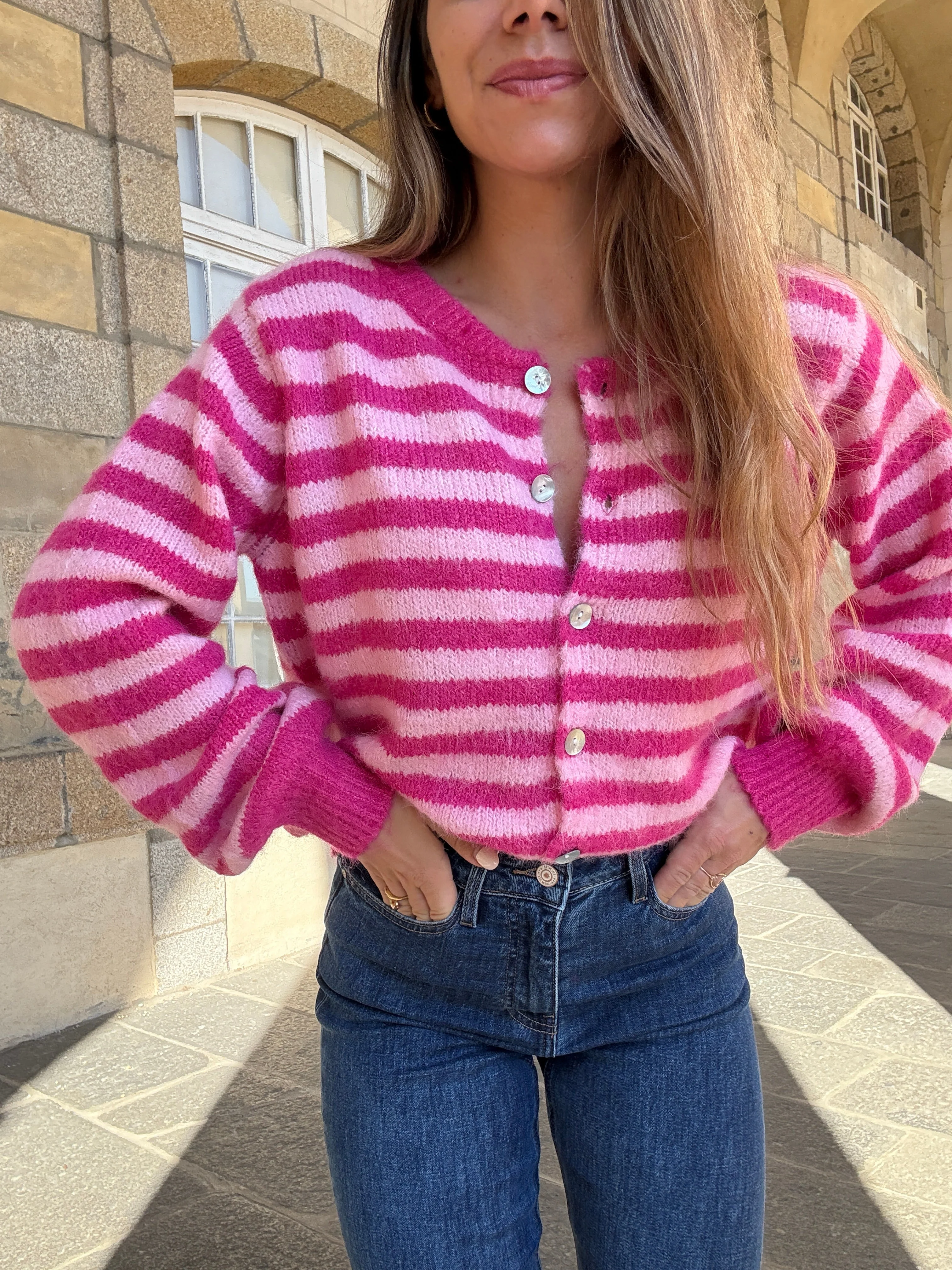 Cardigan Solela Rayé Rose Et Rouge - Image 2