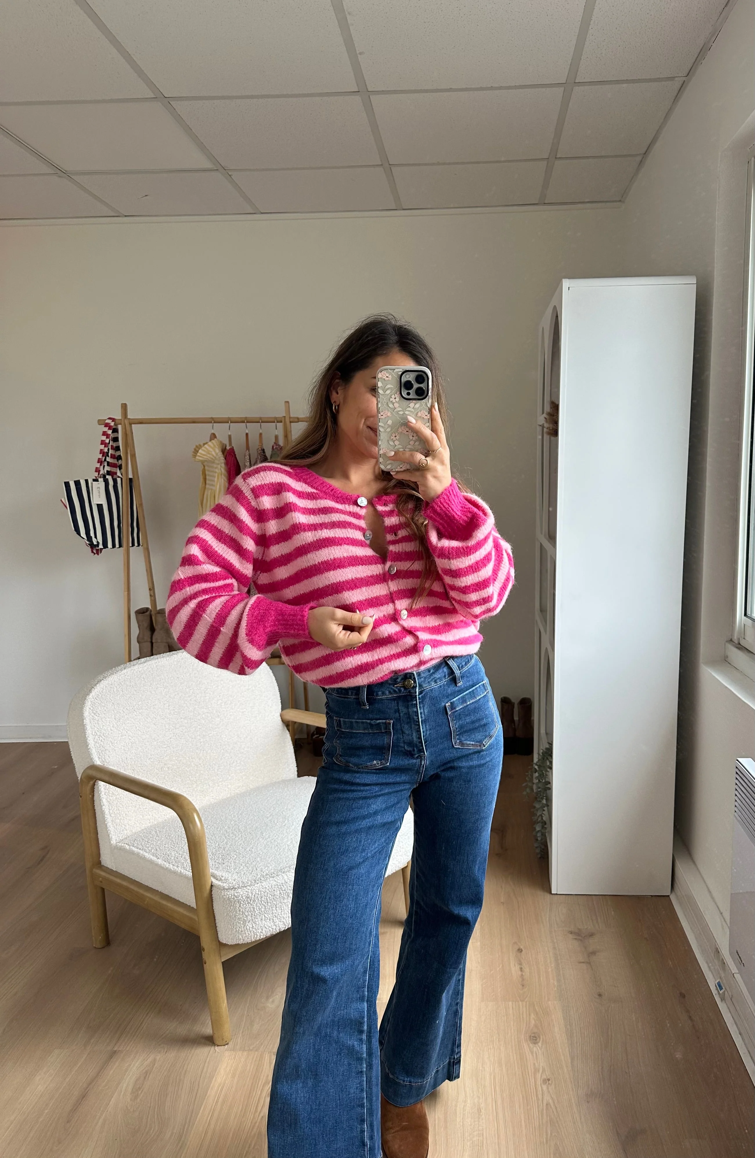 Cardigan Solela Rayé Rose Et Rouge - Image 20