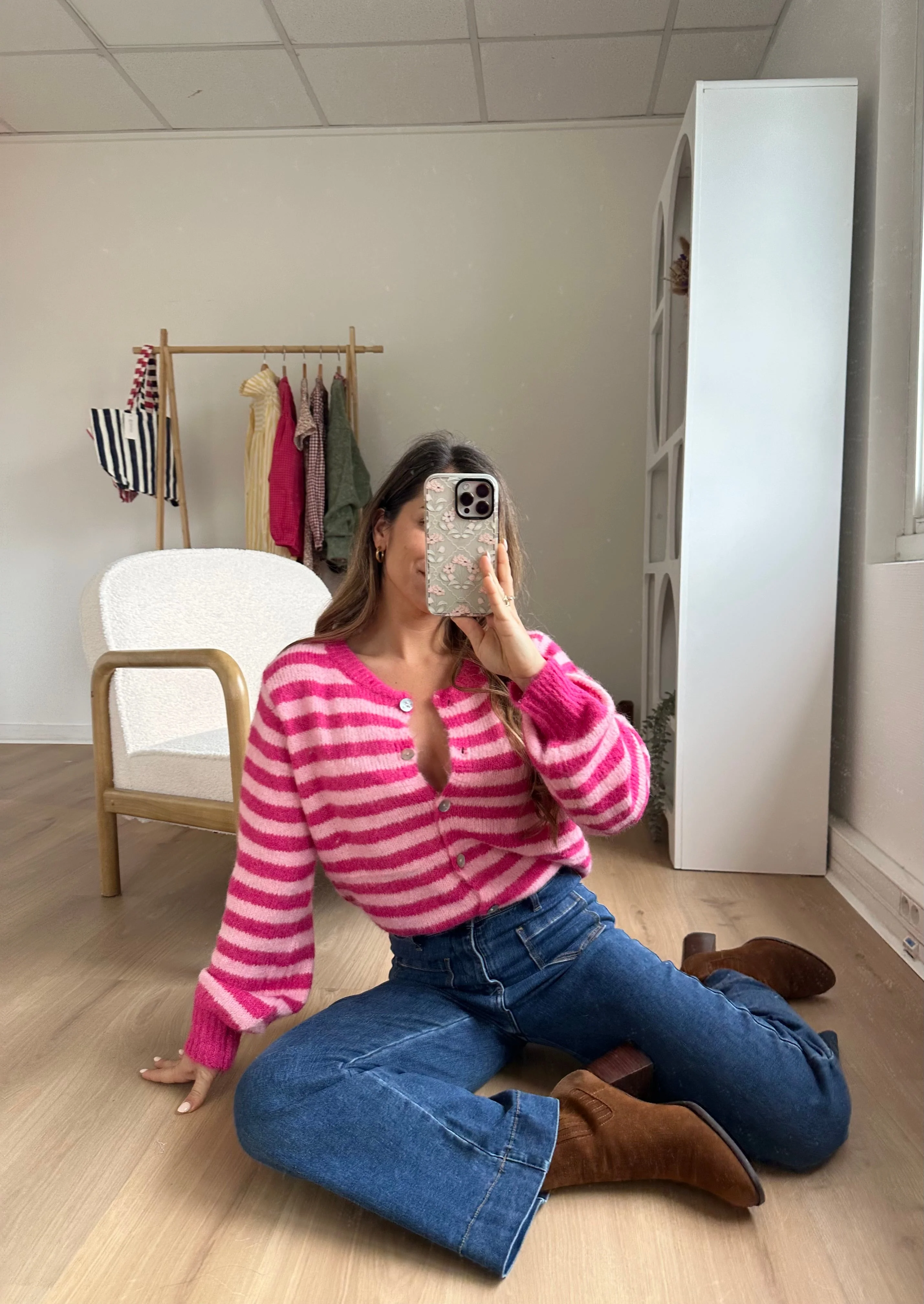Cardigan Solela Rayé Rose Et Rouge - Image 21