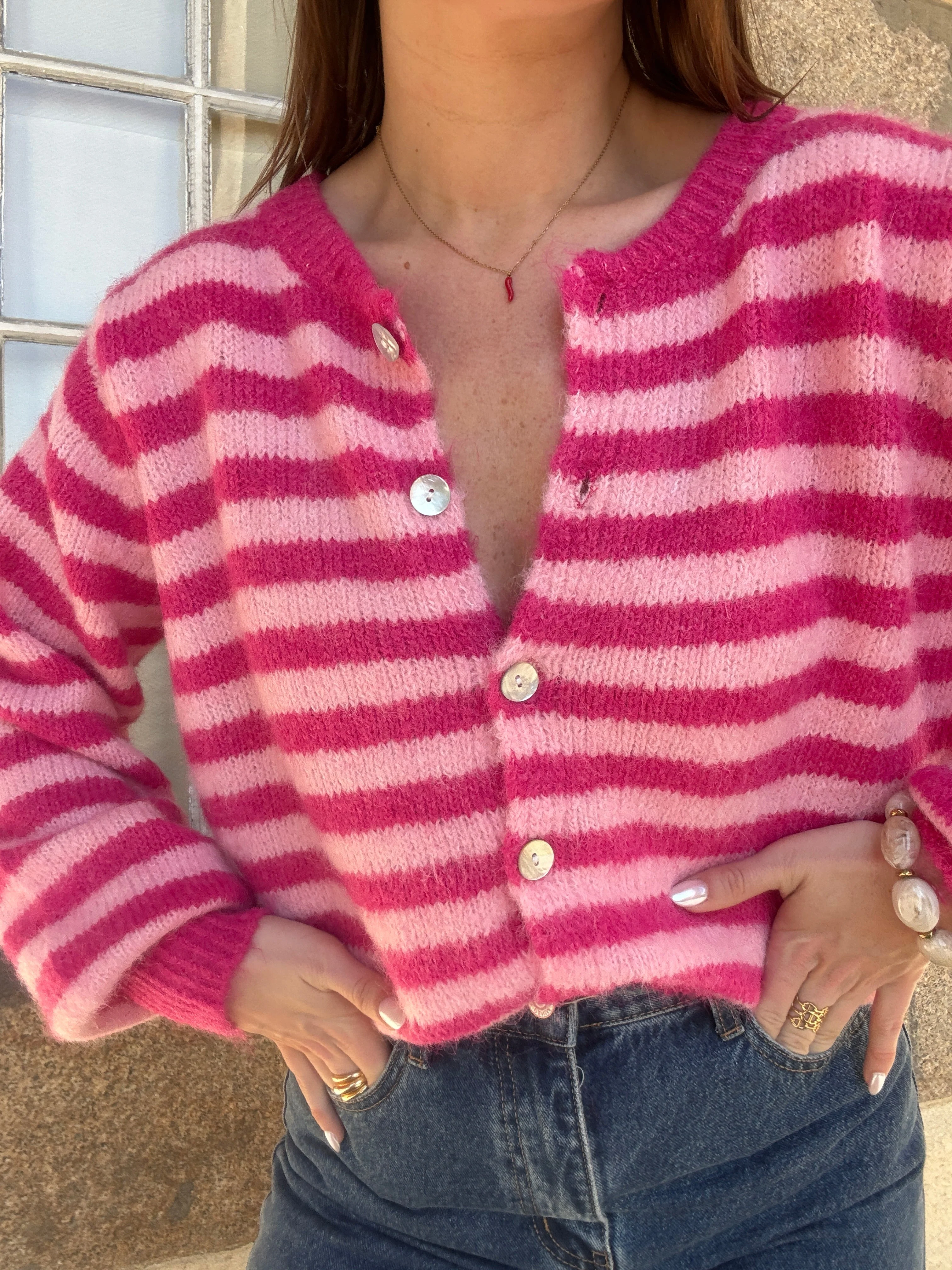 Cardigan Solela Rayé Rose Et Rouge - Image 22
