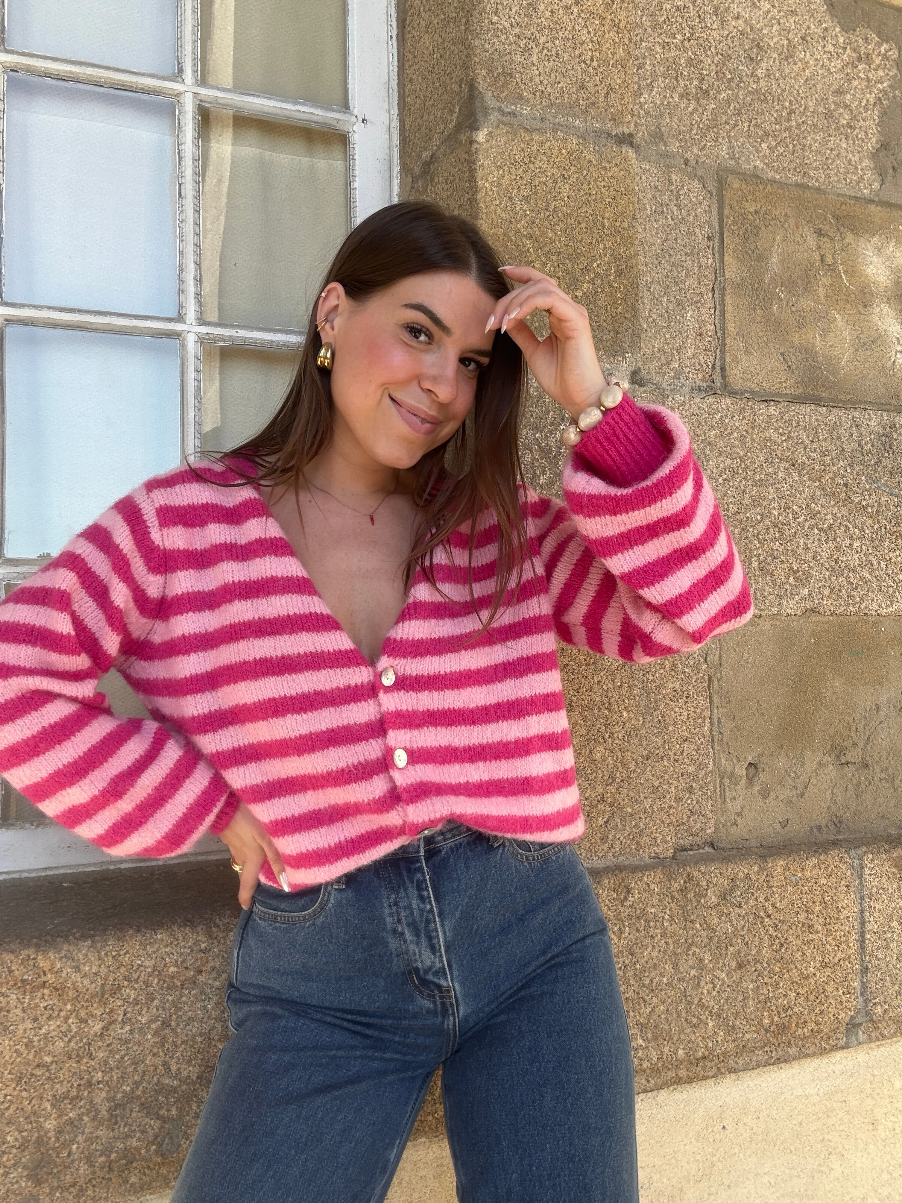Cardigan Solela Rayé Rose Et Rouge - Image 23