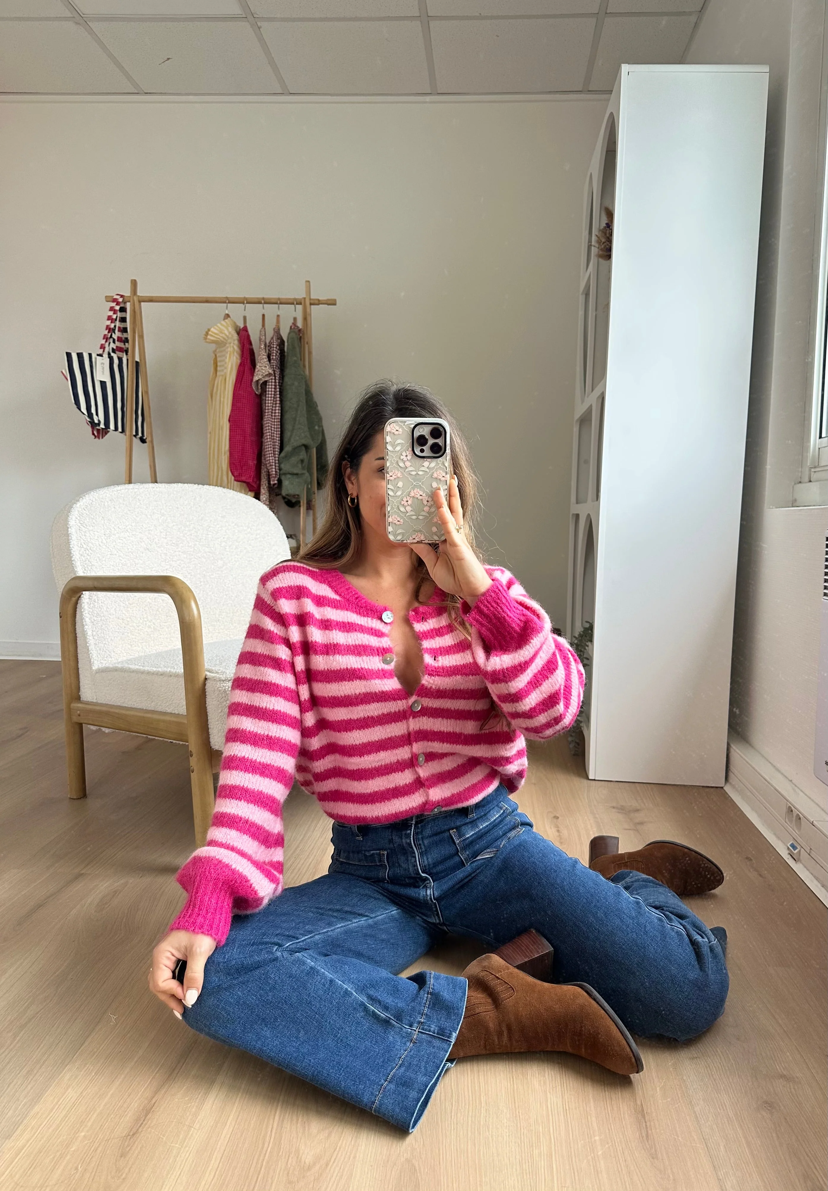Cardigan Solela Rayé Rose Et Rouge - Image 4