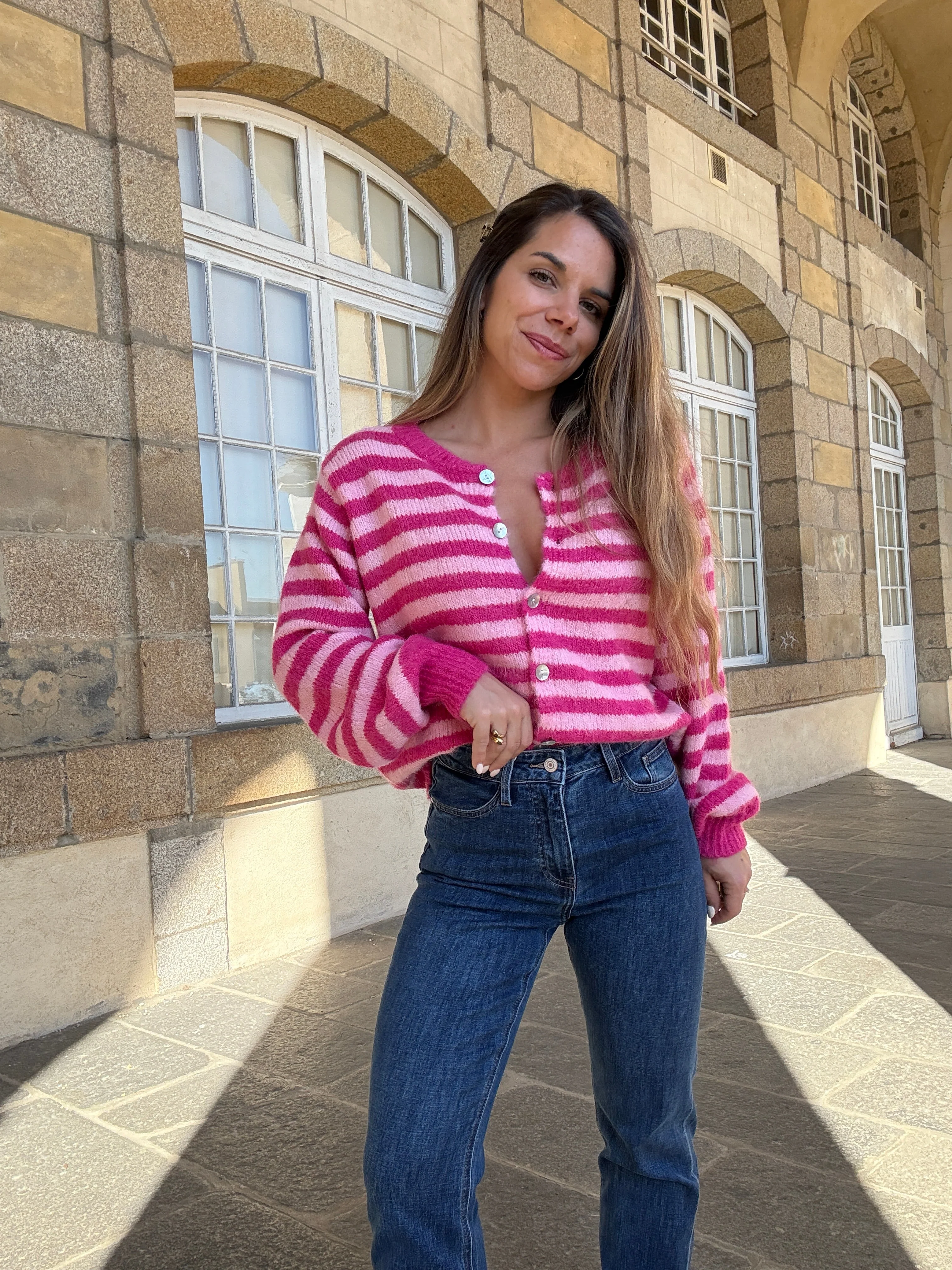 Cardigan Solela Rayé Rose Et Rouge - Image 5