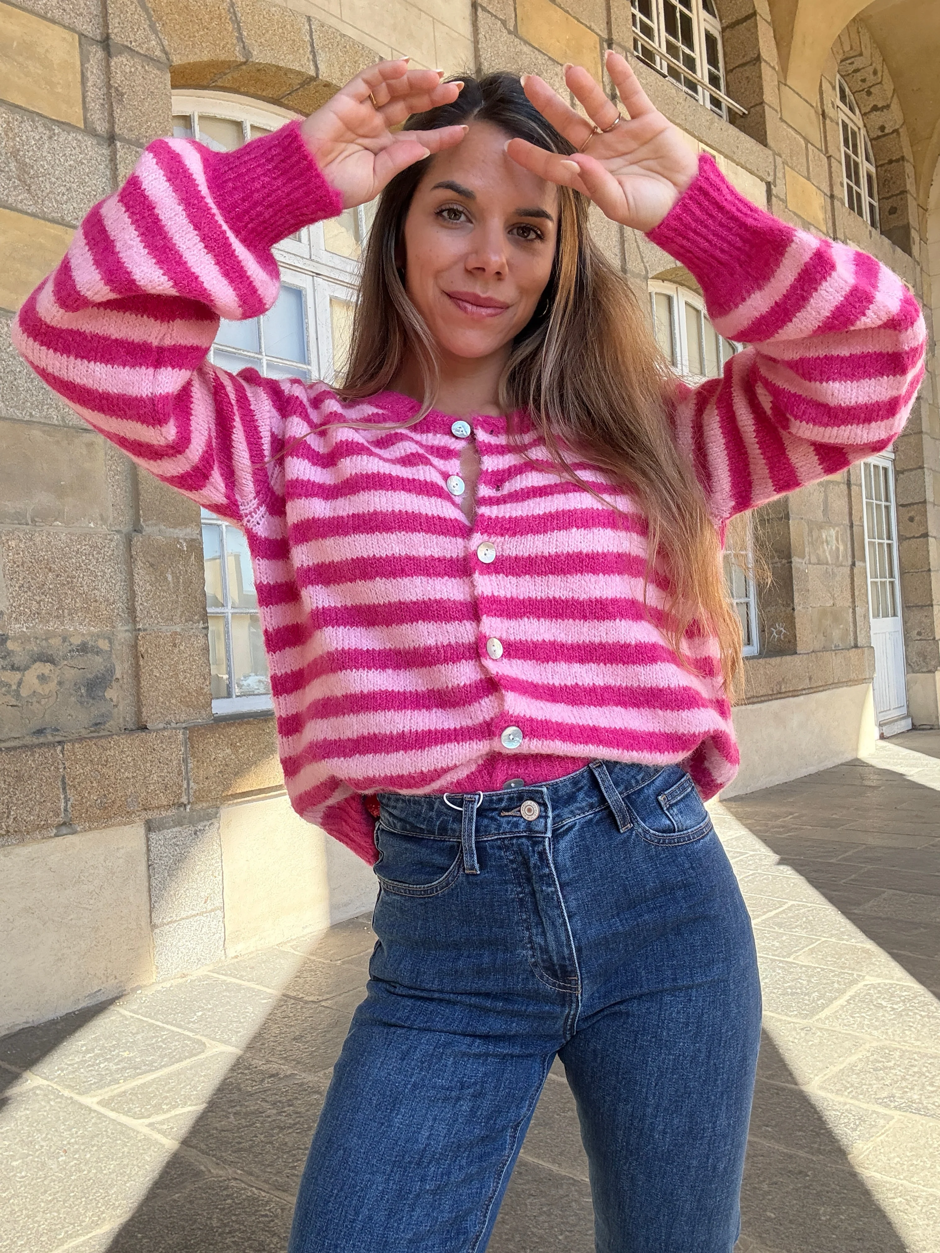 Cardigan Solela Rayé Rose Et Rouge - Image 6