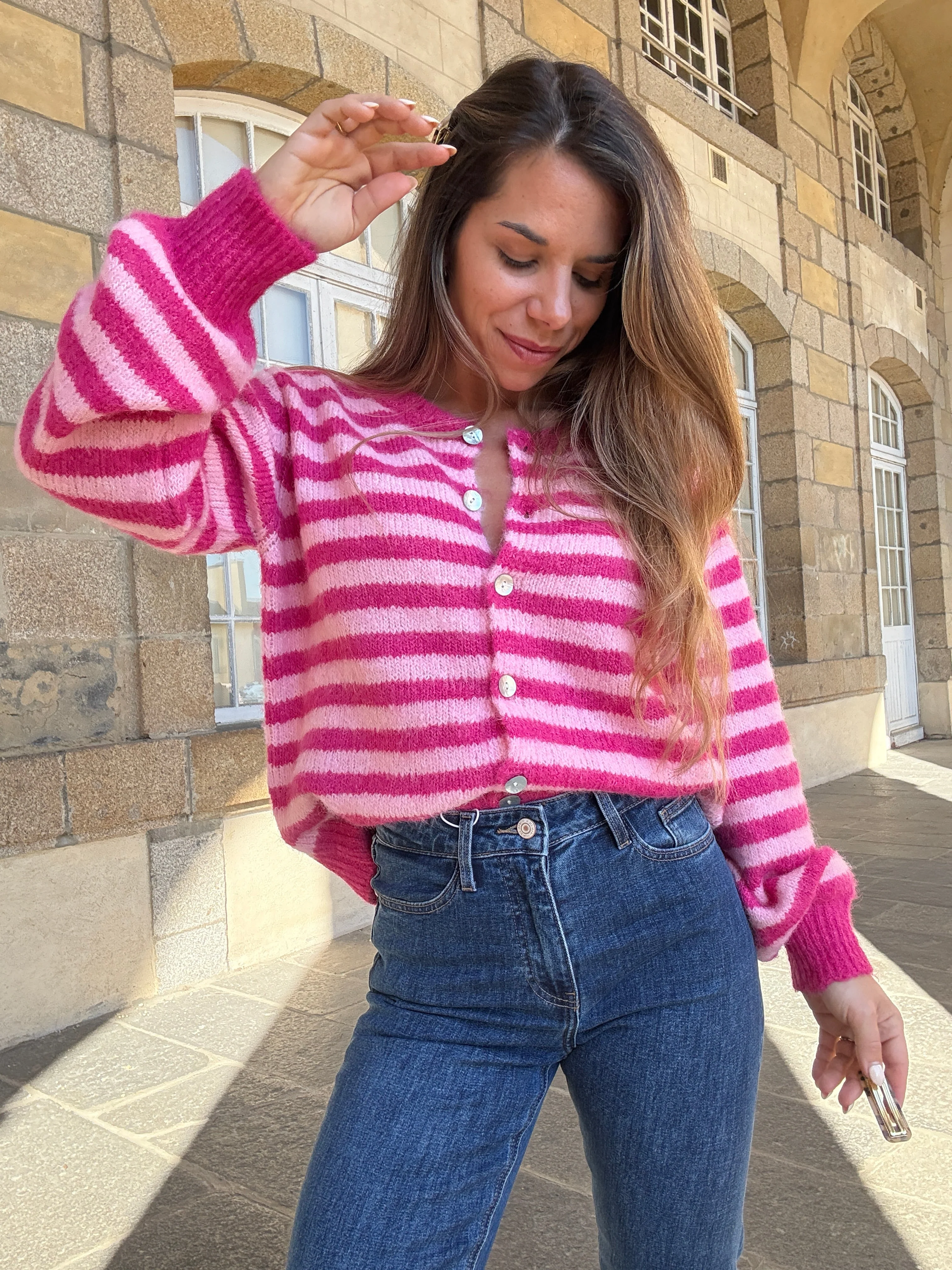 Cardigan Solela Rayé Rose Et Rouge - Image 7