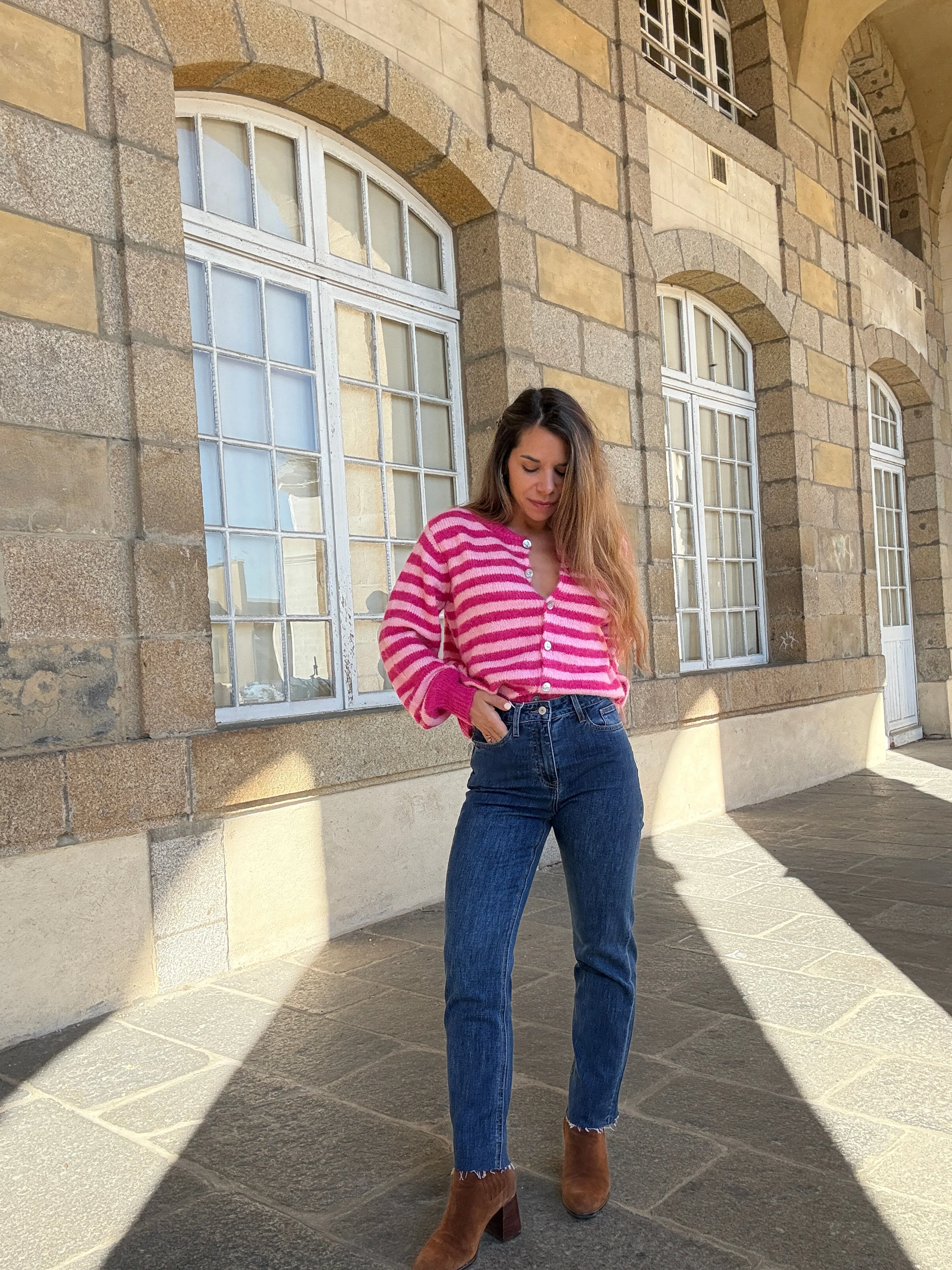 Cardigan Solela Rayé Rose Et Rouge - Image 9