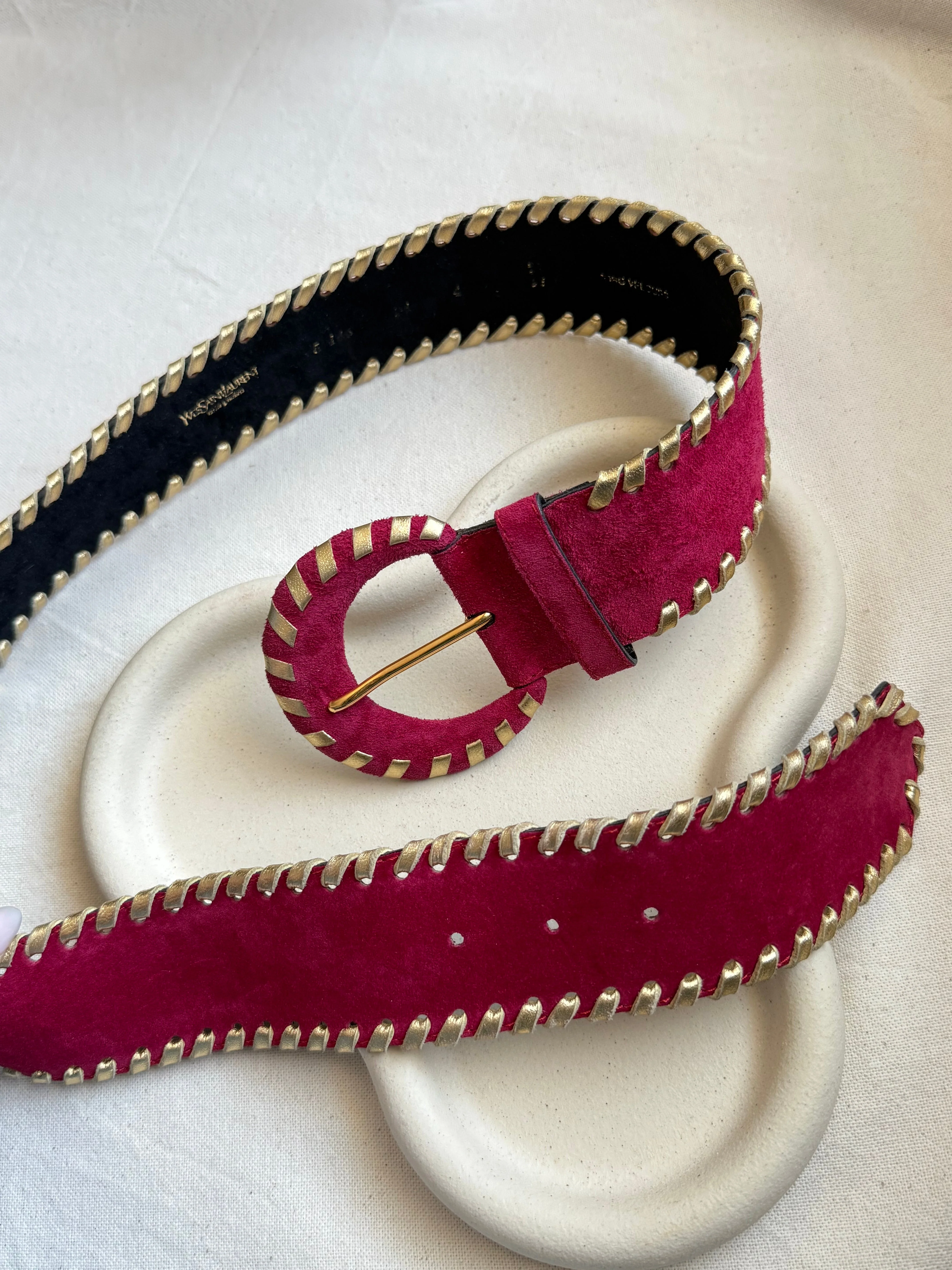 Yves Saint Laurent - Ceinture Vintage - Daim Framboise Et Cuir Doré - Image 2