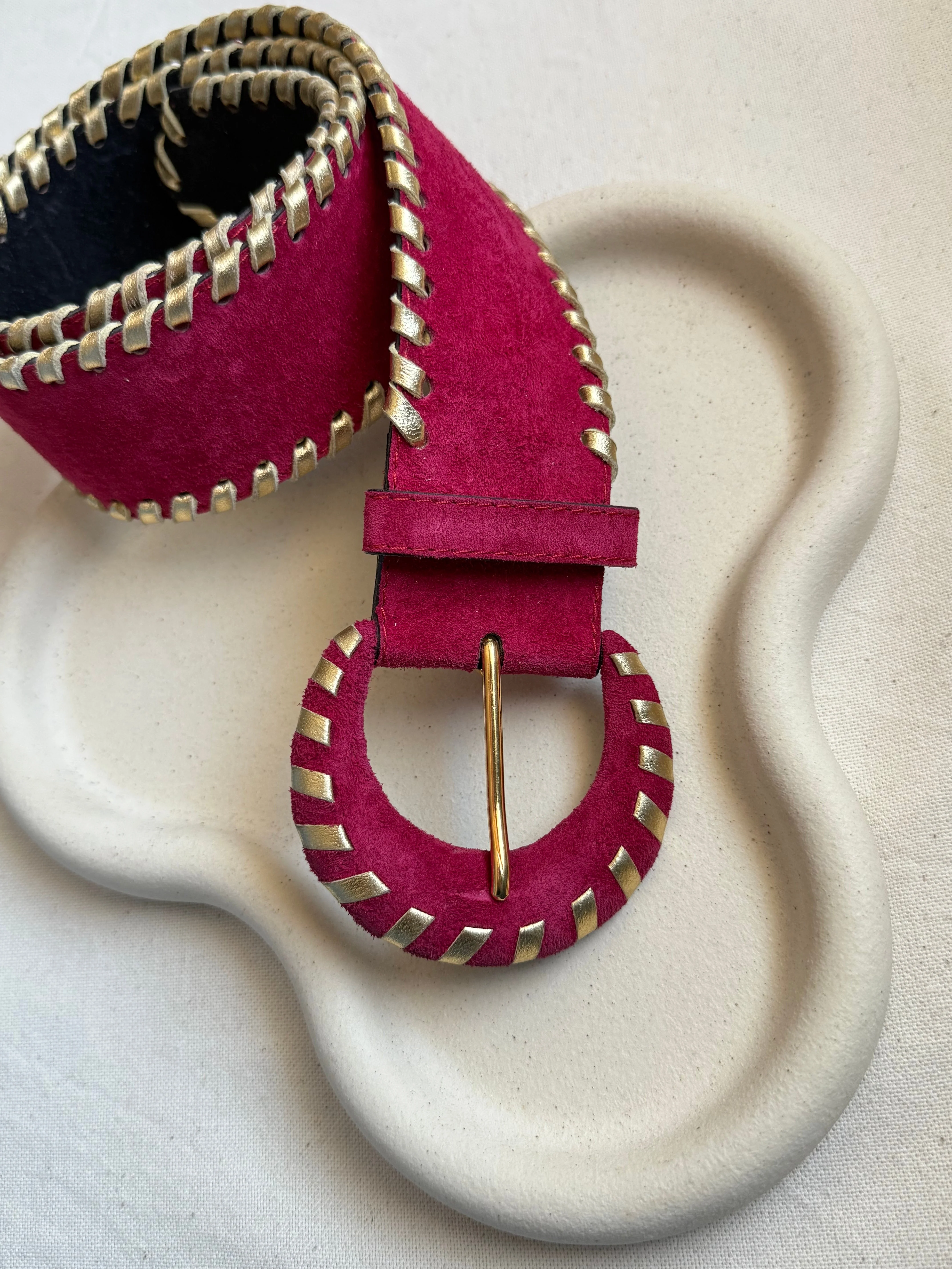 Yves Saint Laurent - Ceinture Vintage - Daim Framboise Et Cuir Doré - Image 4