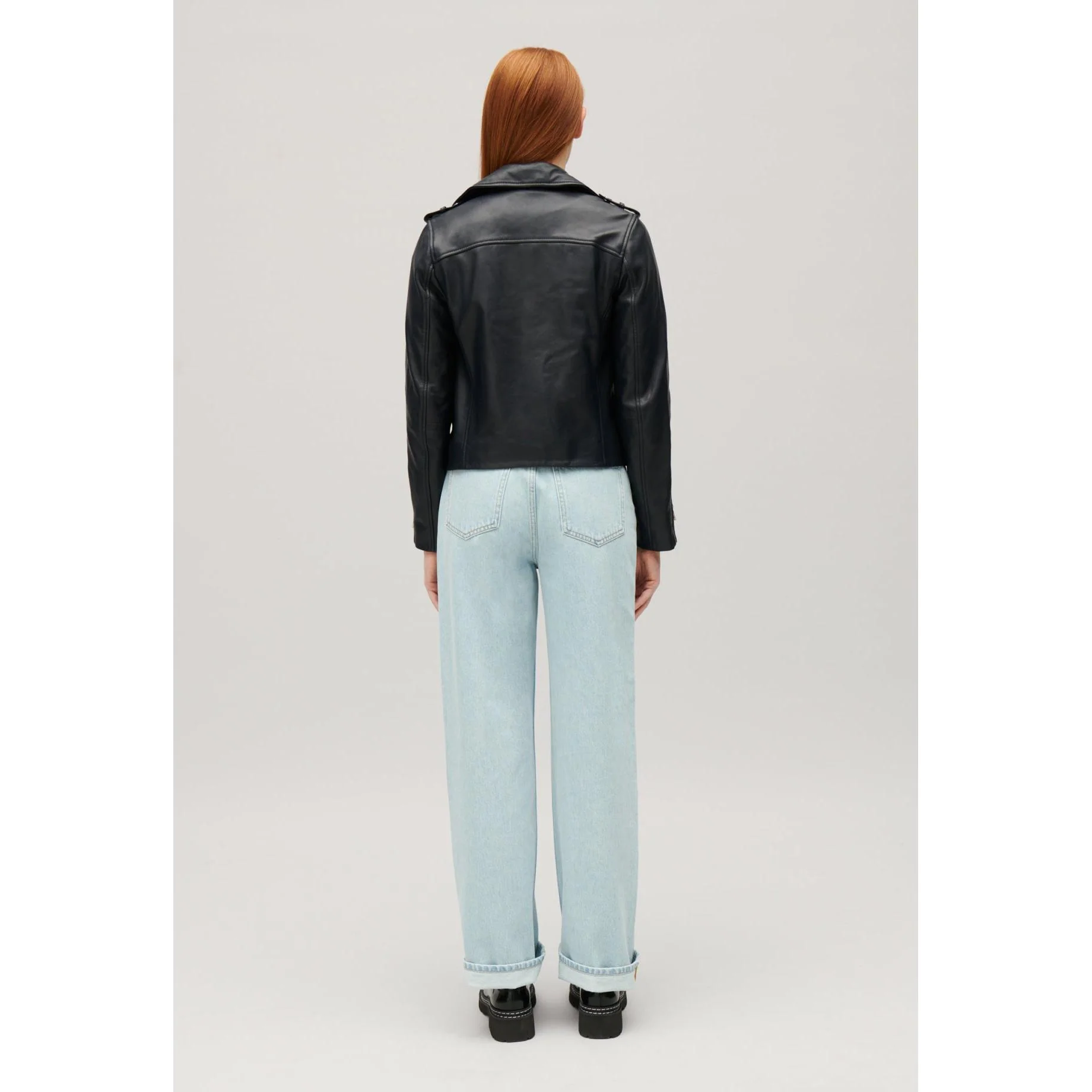 Veste En Cuir Lisse Bleu Marine - Image 3
