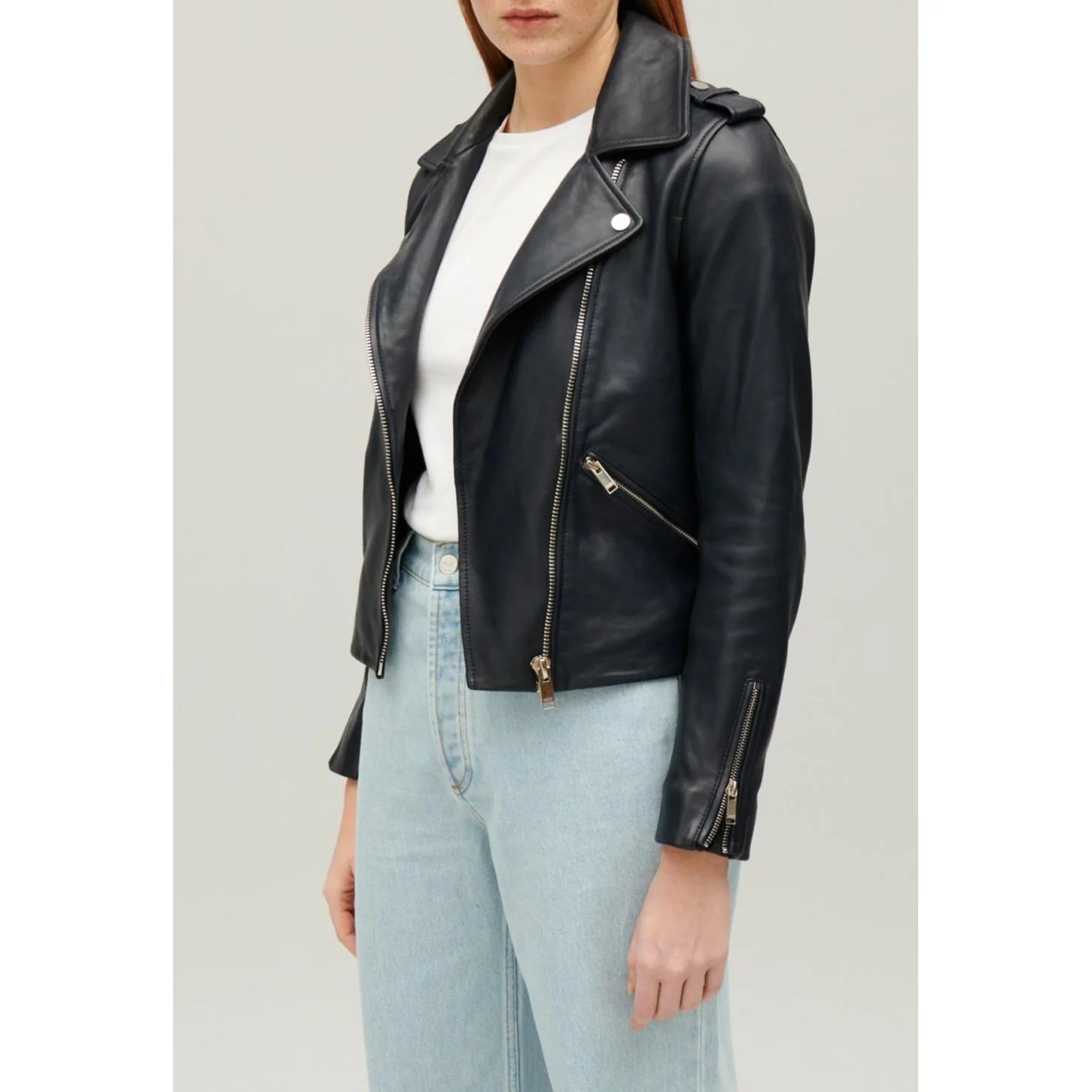 Veste En Cuir Lisse Bleu Marine - Image 4