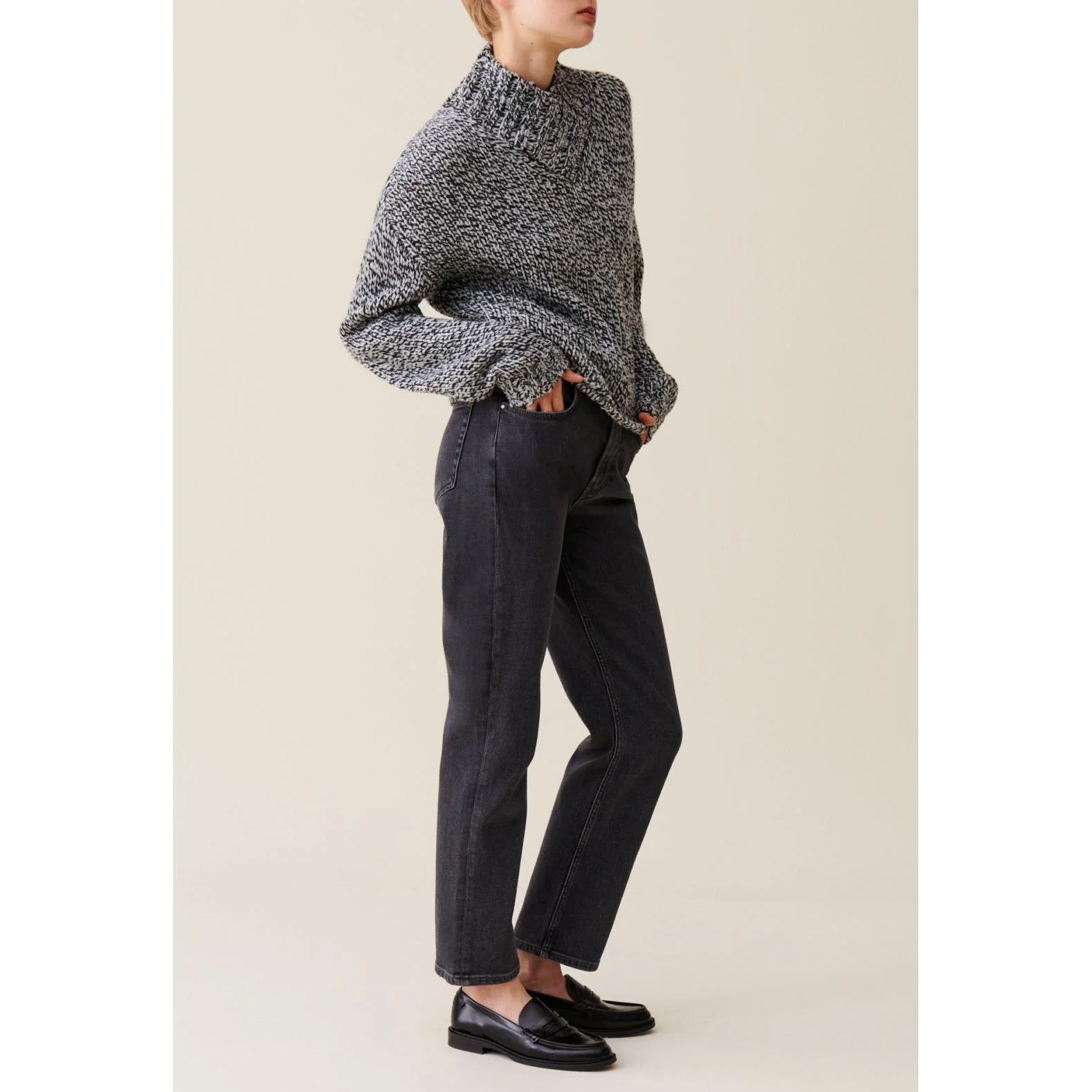 Pull Grosse Maille Col V Gris - Image 2