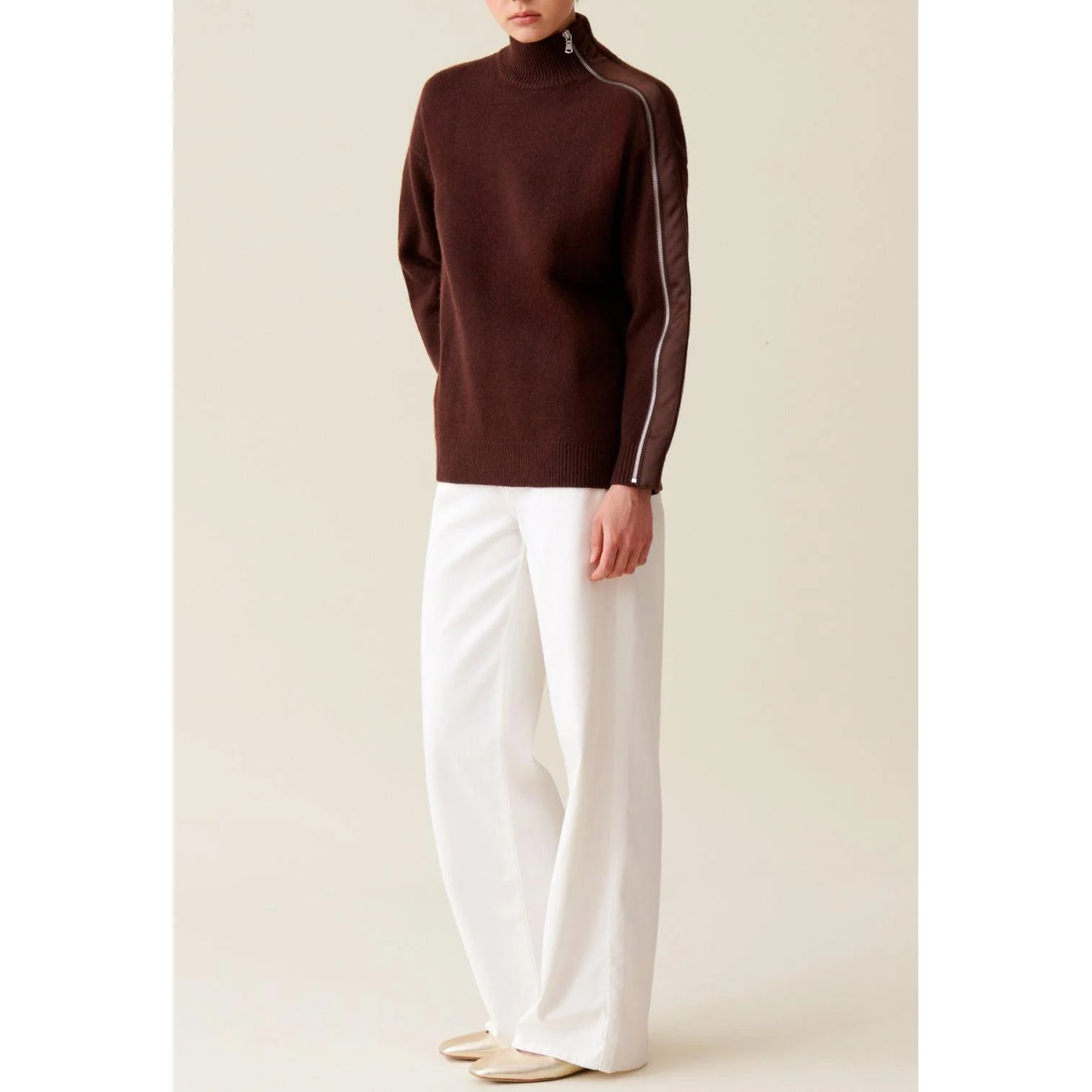 Pull Col Montant Zippé Marron - Image 3