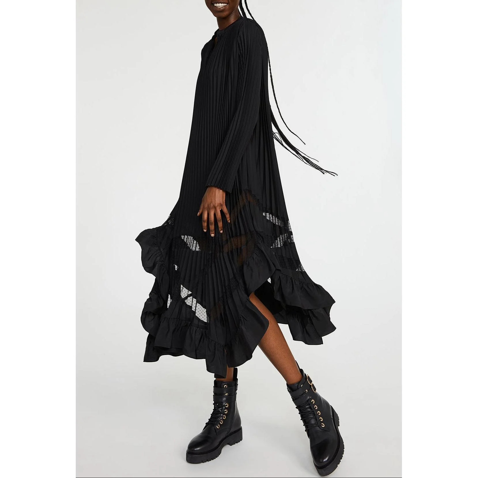 Robe Noire Longue Plissée À Volants - Image 3