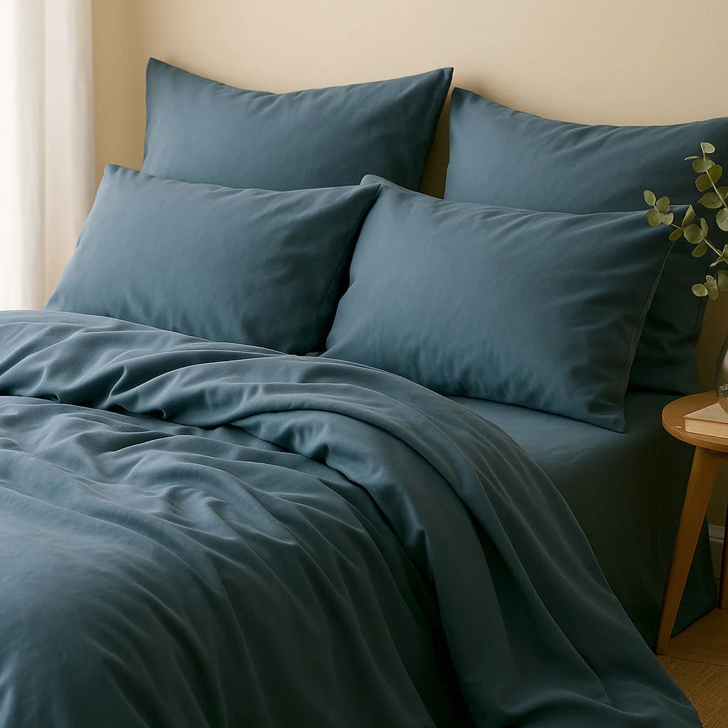 Drap Housse - Satin Lavé De Coton Bio - Bleu Orage - Gaia - Image 4