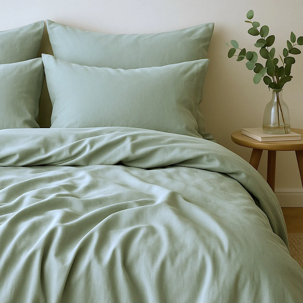 Drap Housse - Satin Lavé De Coton Bio - Vert Céladon - Gaia - Image 4