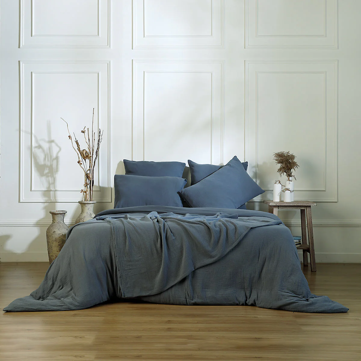 Drap Plat - Gaze De Coton - Bleu Orage - Carla - Image 3