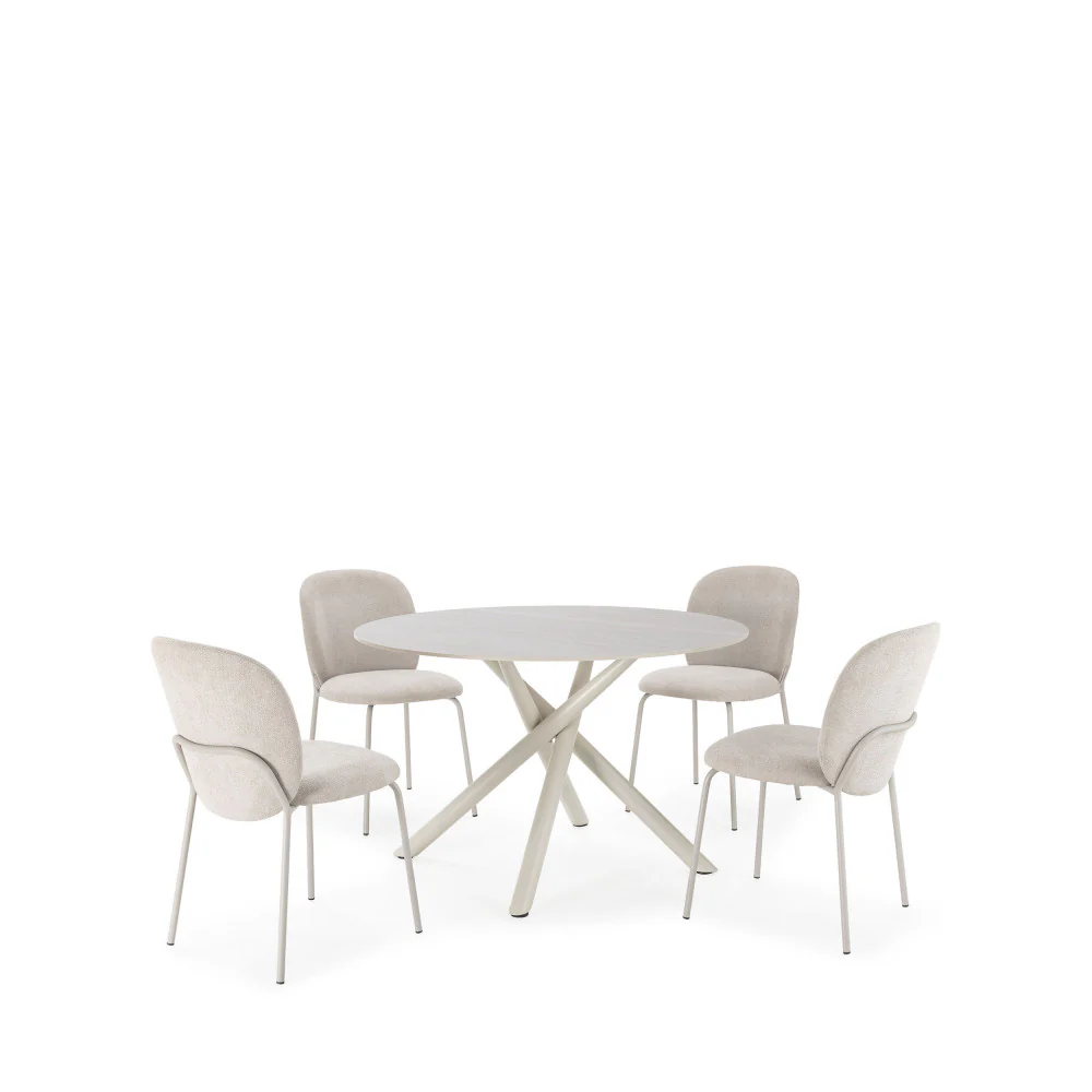 Mattheo - Table À Manger 4 Personnes Ronde Et Métal - Effet Travertin - Beige - Image 4