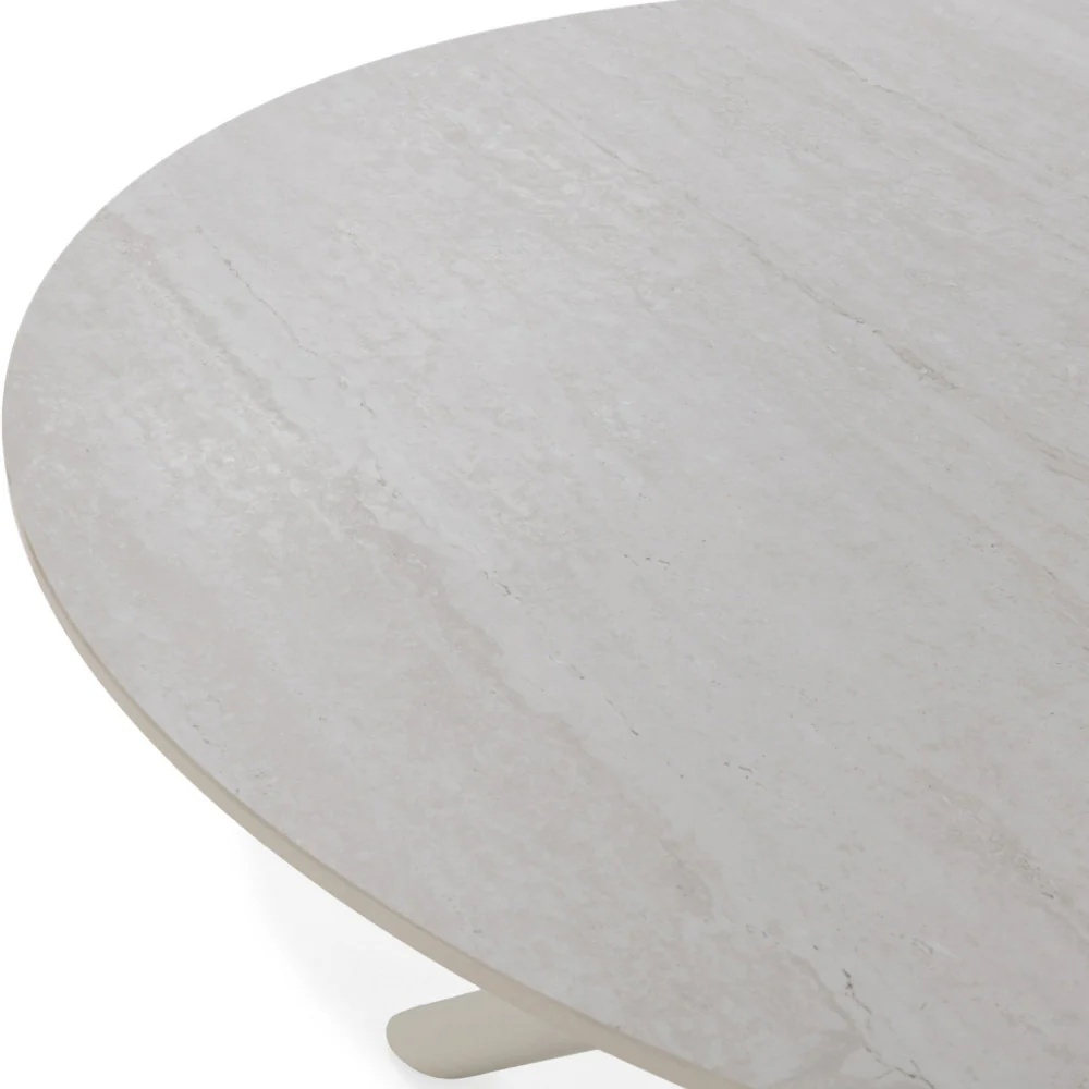 Mattheo - Table À Manger 4 Personnes Ronde Et Métal - Effet Travertin - Beige - Image 7