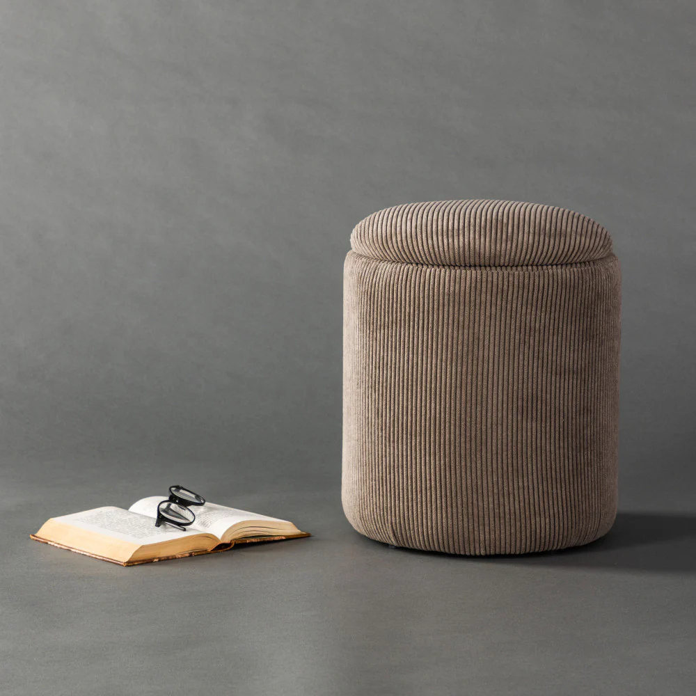 Limpen - Pouf Coffre Rond - Velours Côtelé - Taupe - Image 3