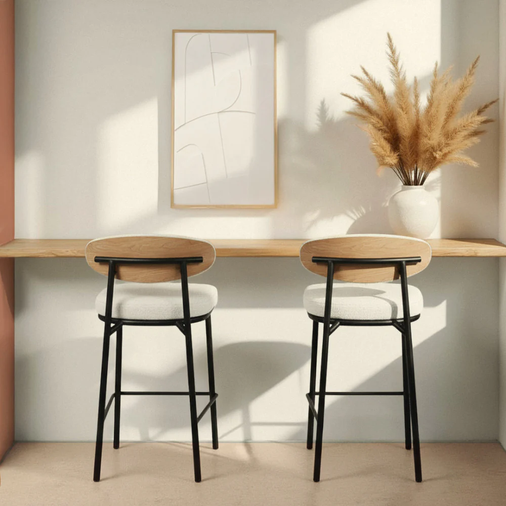 Rode - Lot De 2 Chaises De Bar - Tissu Bouclette & Bois & Métal - Écru chiné - Image 4