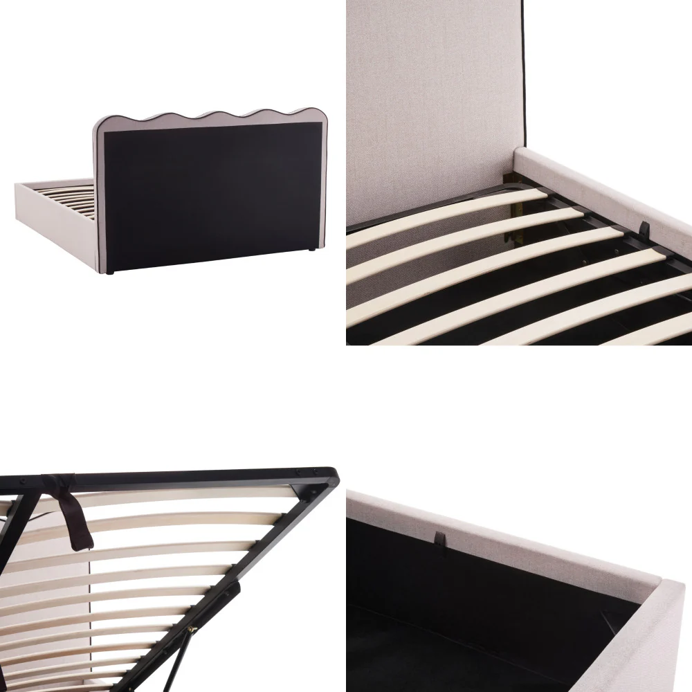 Nagoya - Lit Coffre Avec Tête De Lit Ondulée - Tissu - Beige - Image 8