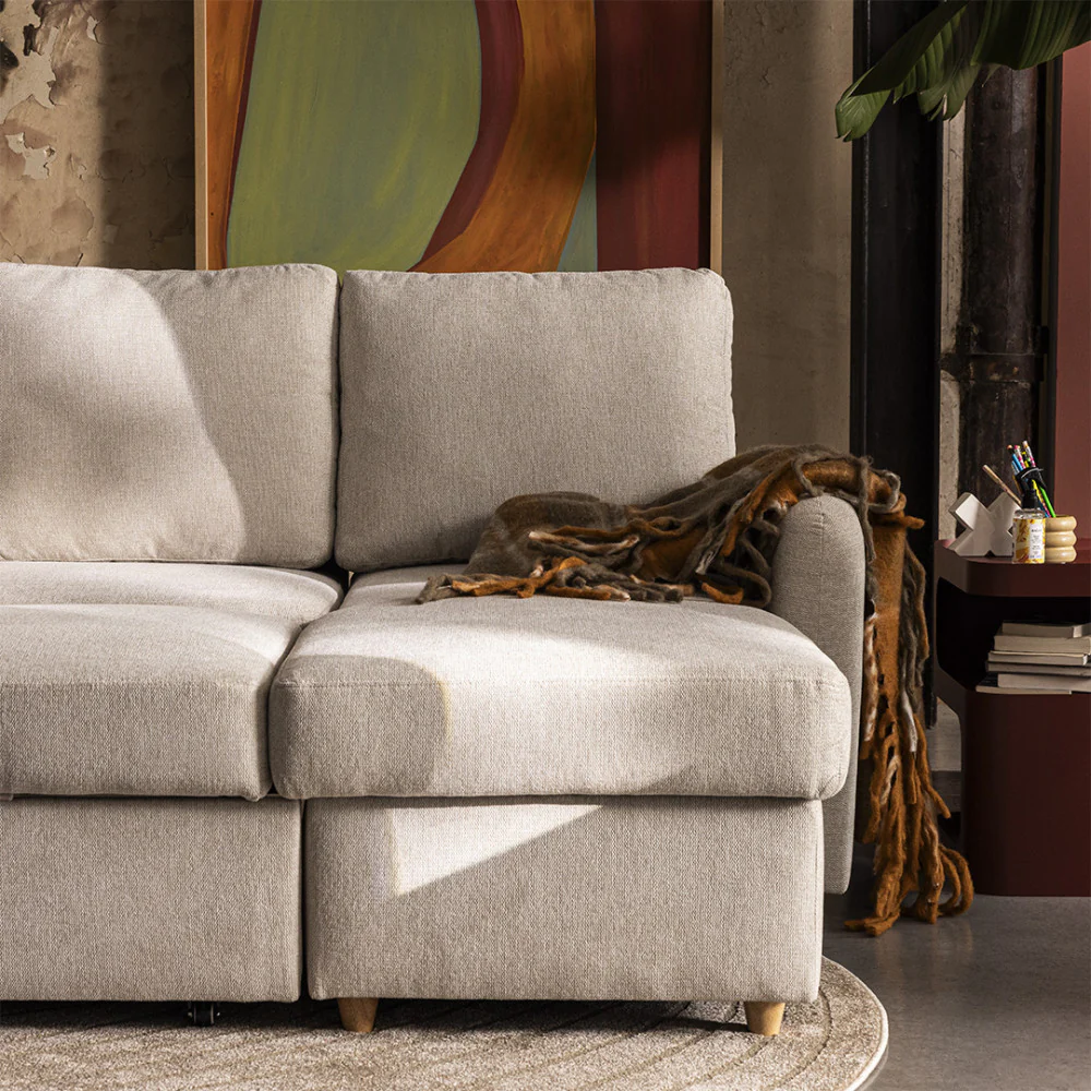 Matera - Canapé D'angle Réversible Convertible 3 Places Avec Coffre - Tissu - Beige chiné - Image 8