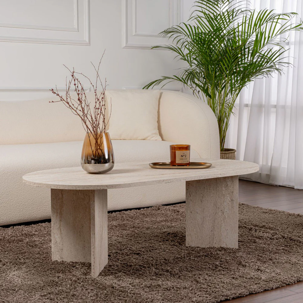 Sam - Table Basse Ovale - Effet Travertin - Beige - Image 4