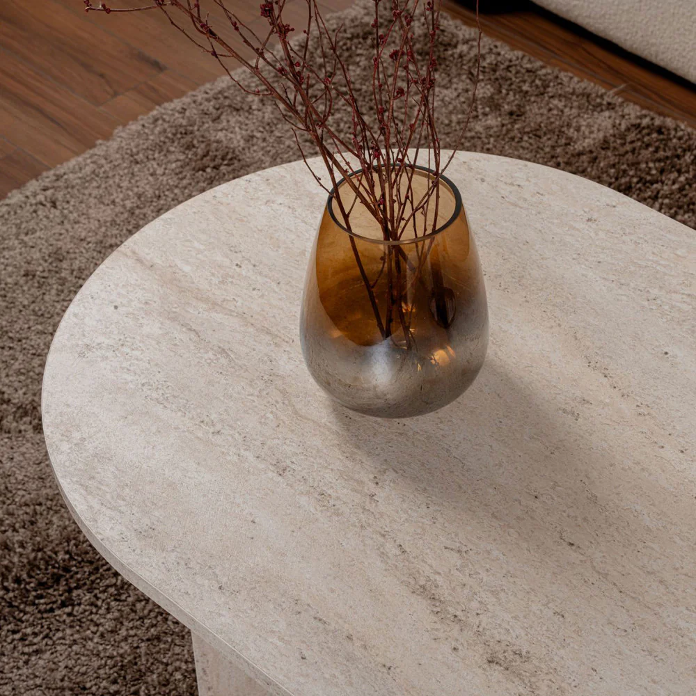 Sam - Table Basse Ovale - Effet Travertin - Beige - Image 6