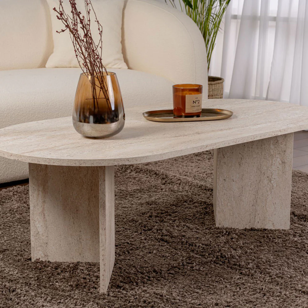 Sam - Table Basse Ovale - Effet Travertin - Beige - Image 7